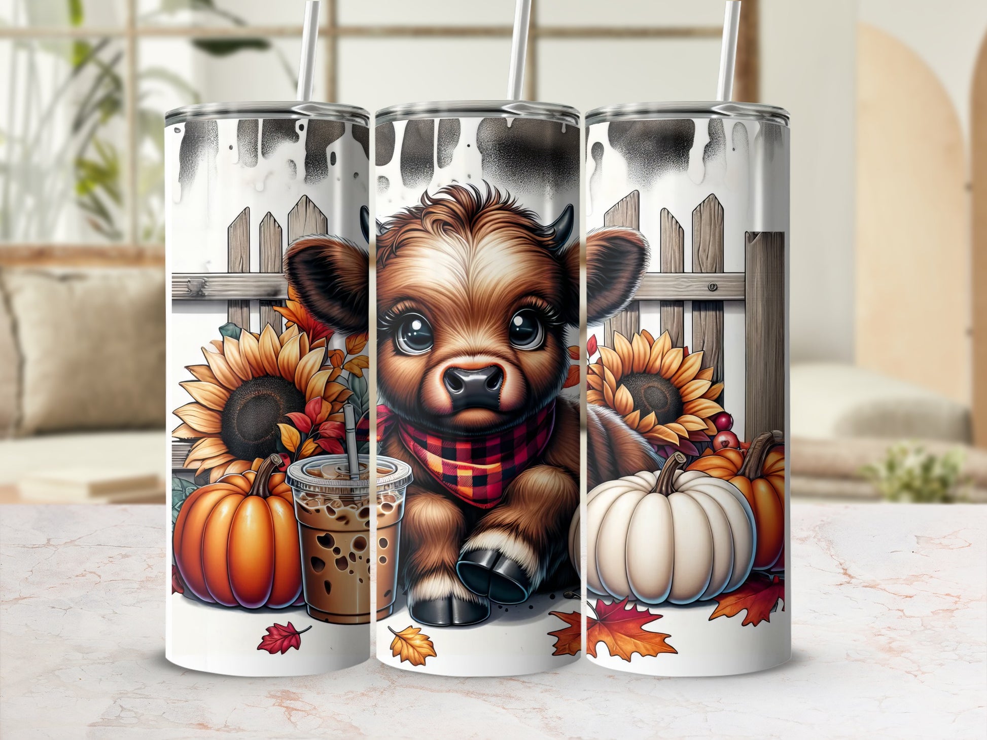 Cute cartoon cow with sunflowers and pumpkins on a tumbler.