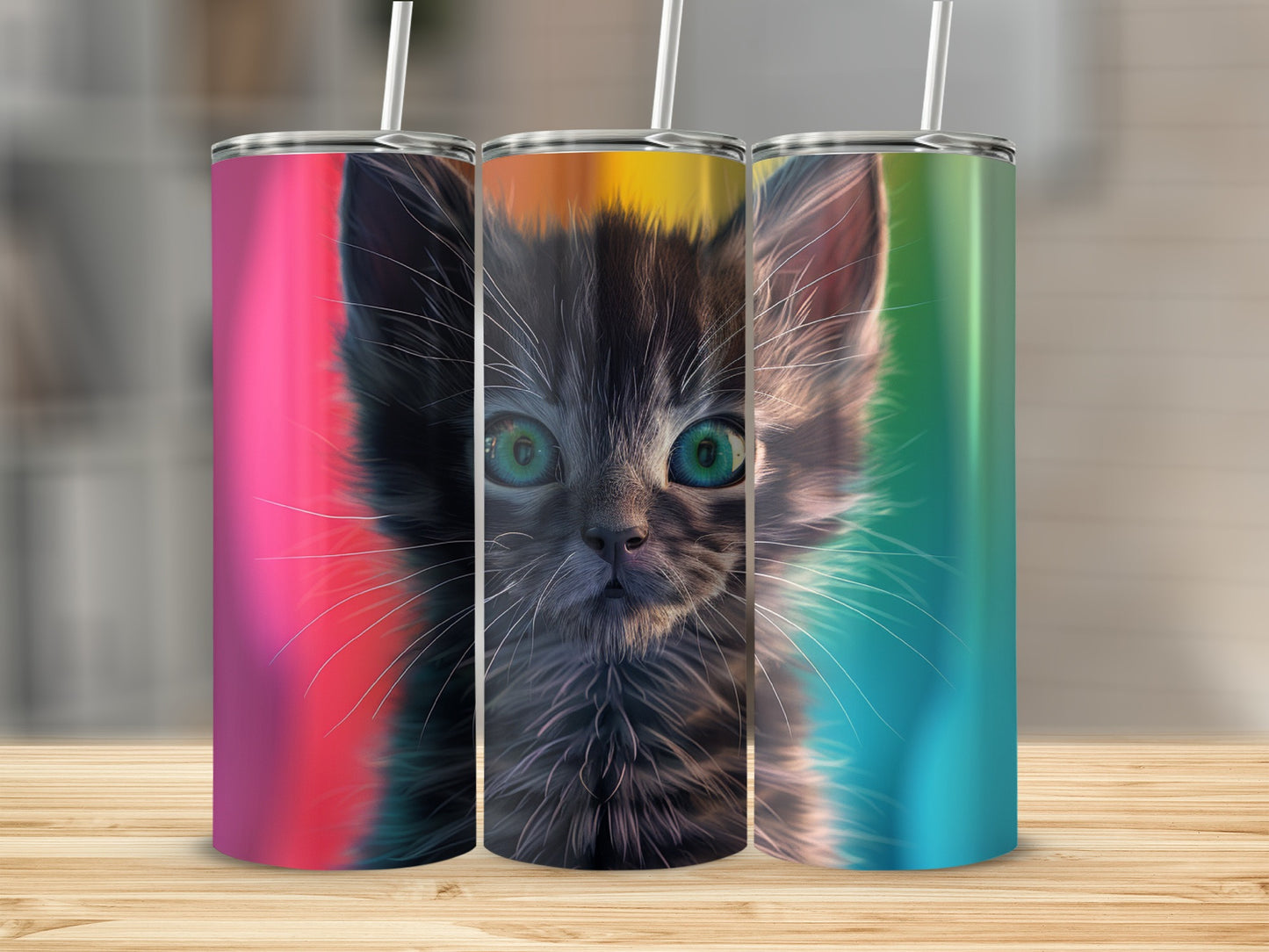 Three colorful tumblers featuring a close-up of a gray kitten's face.