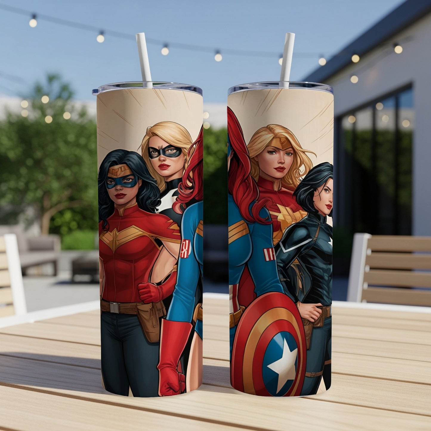 Four female superheroes stand together, one holding a shield.