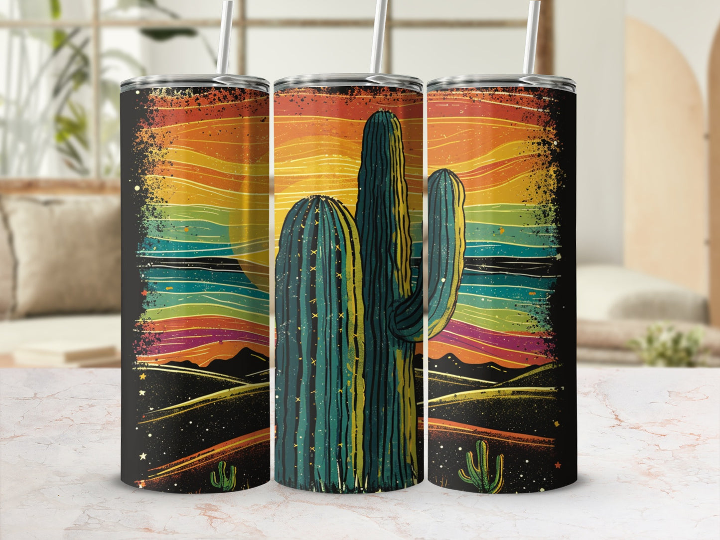 Tall saguaro cactus against a colorful striped desert sunset background.