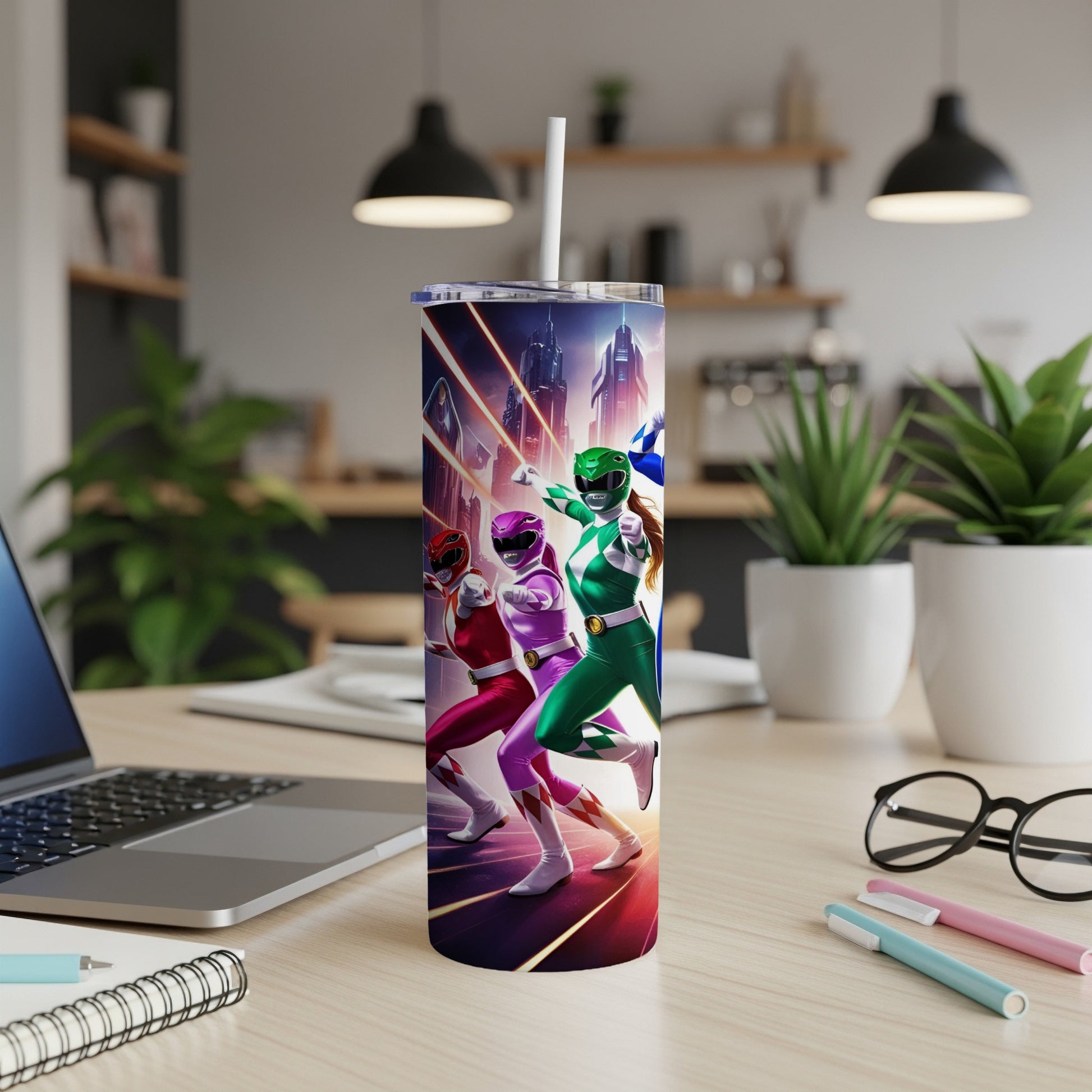 Three Power Rangers in action on a tumbler with a kitchen counter background.