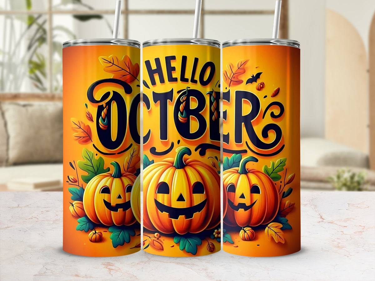 Three tumblers with "Hello October" text and jack-o'-lanterns on an orange background.
