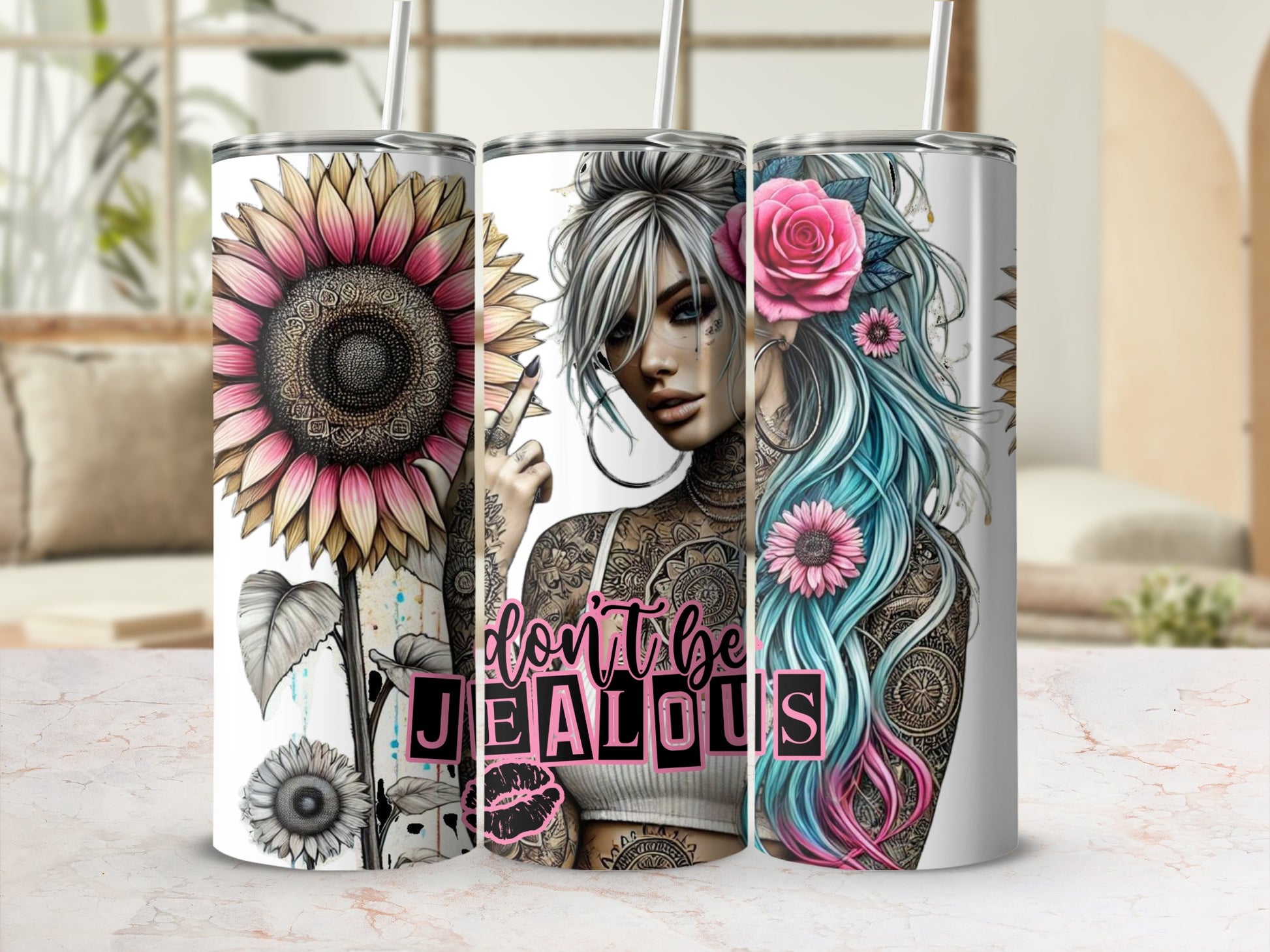 Sunflower and tattooed woman with pink and blue hair, "don't be jealous" text.
