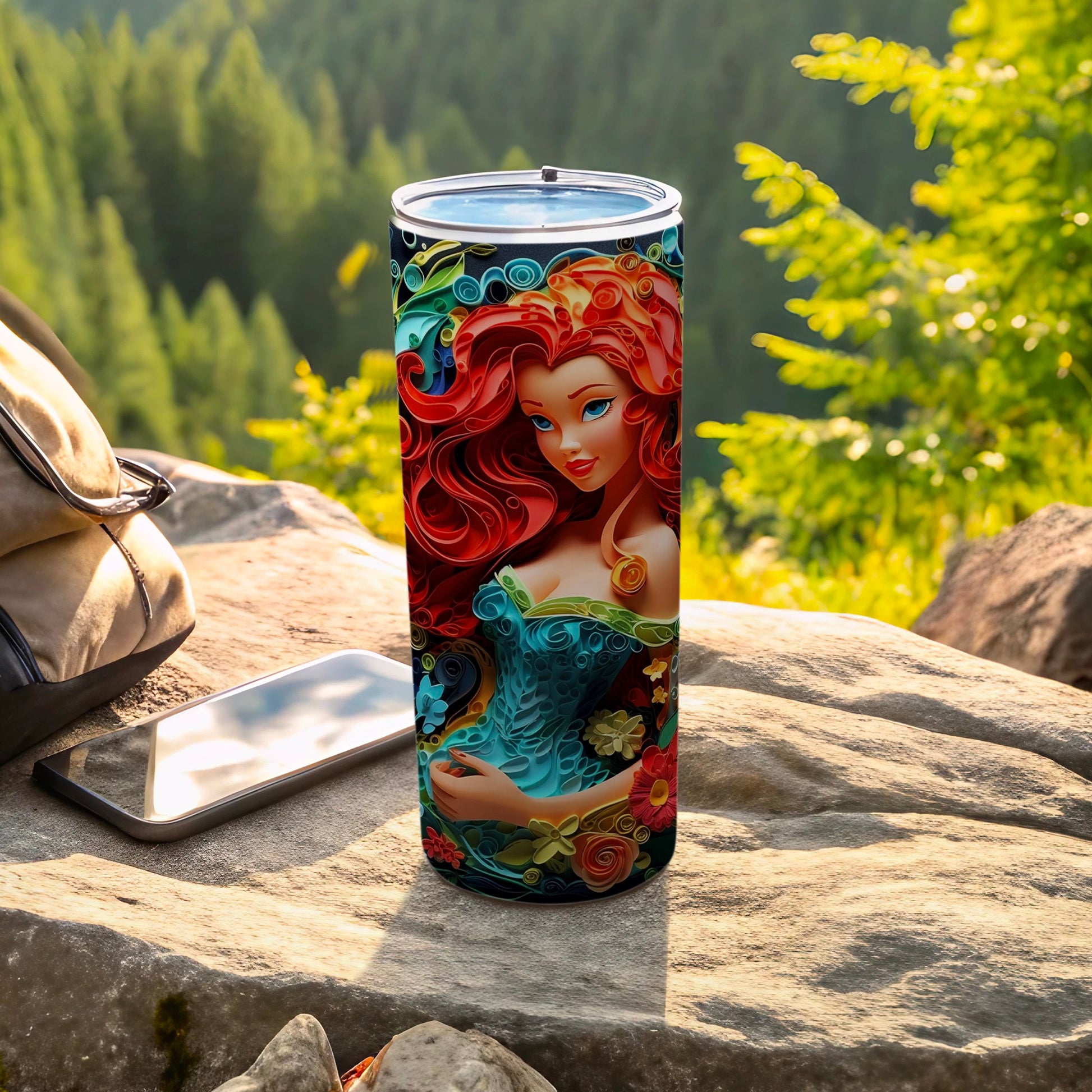Vibrant Red Haired Mermaid Art Tumbler for Outdoor Adventures