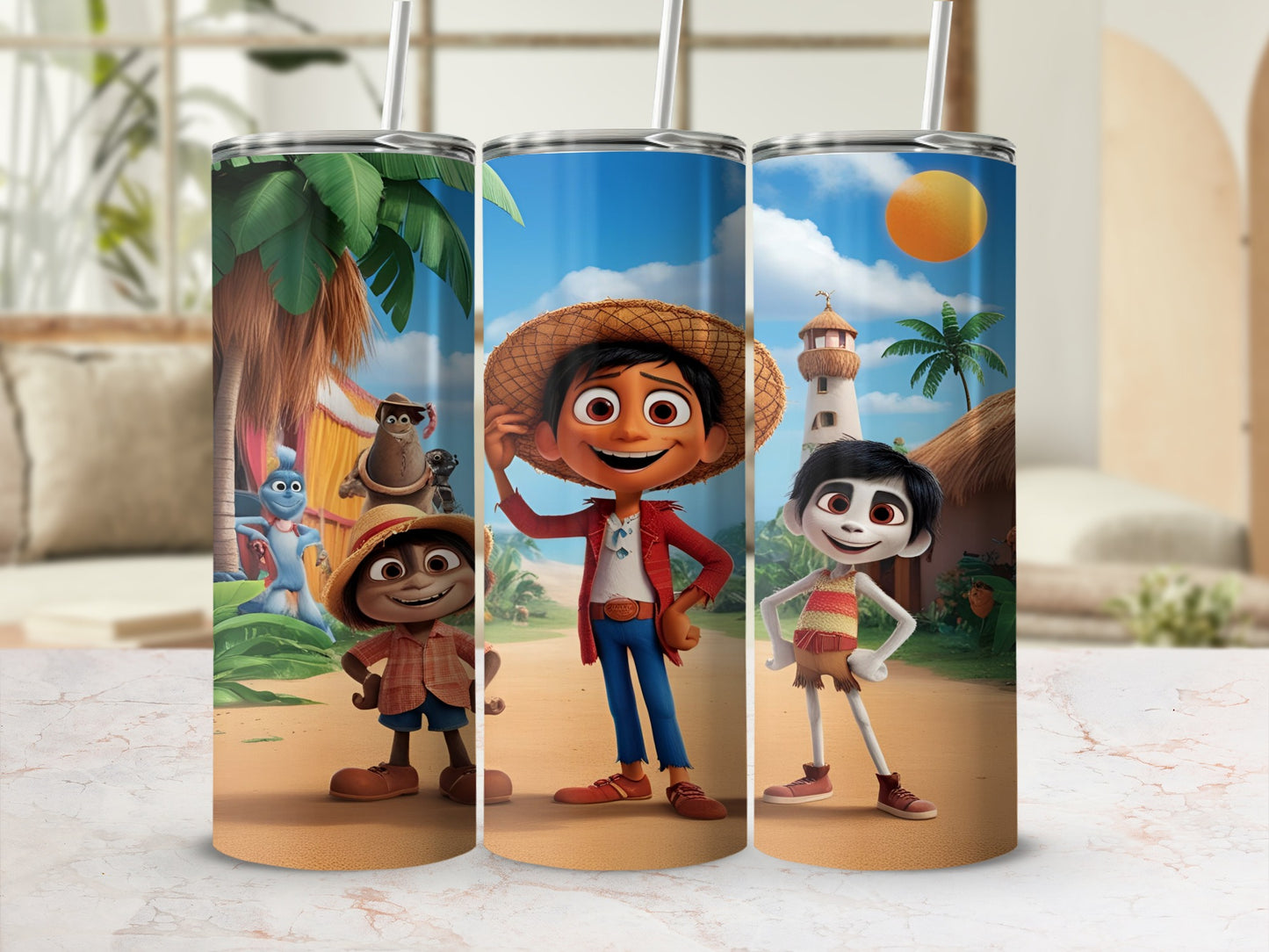 Three animated characters in a tropical setting, one in a straw hat.