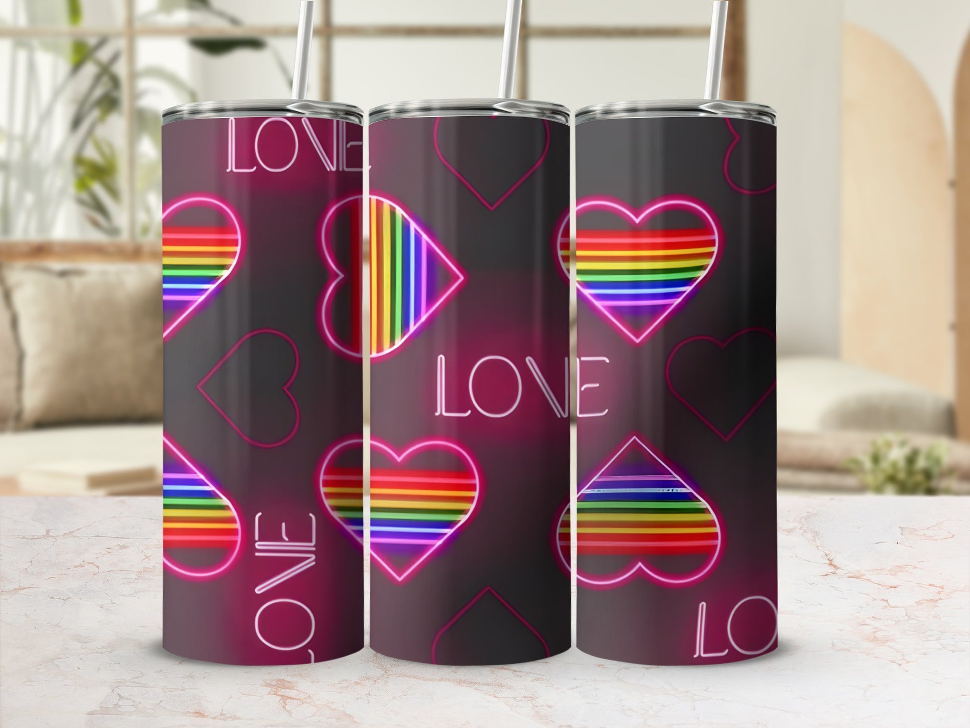Rainbow heart tumblers with "LOVE" text.