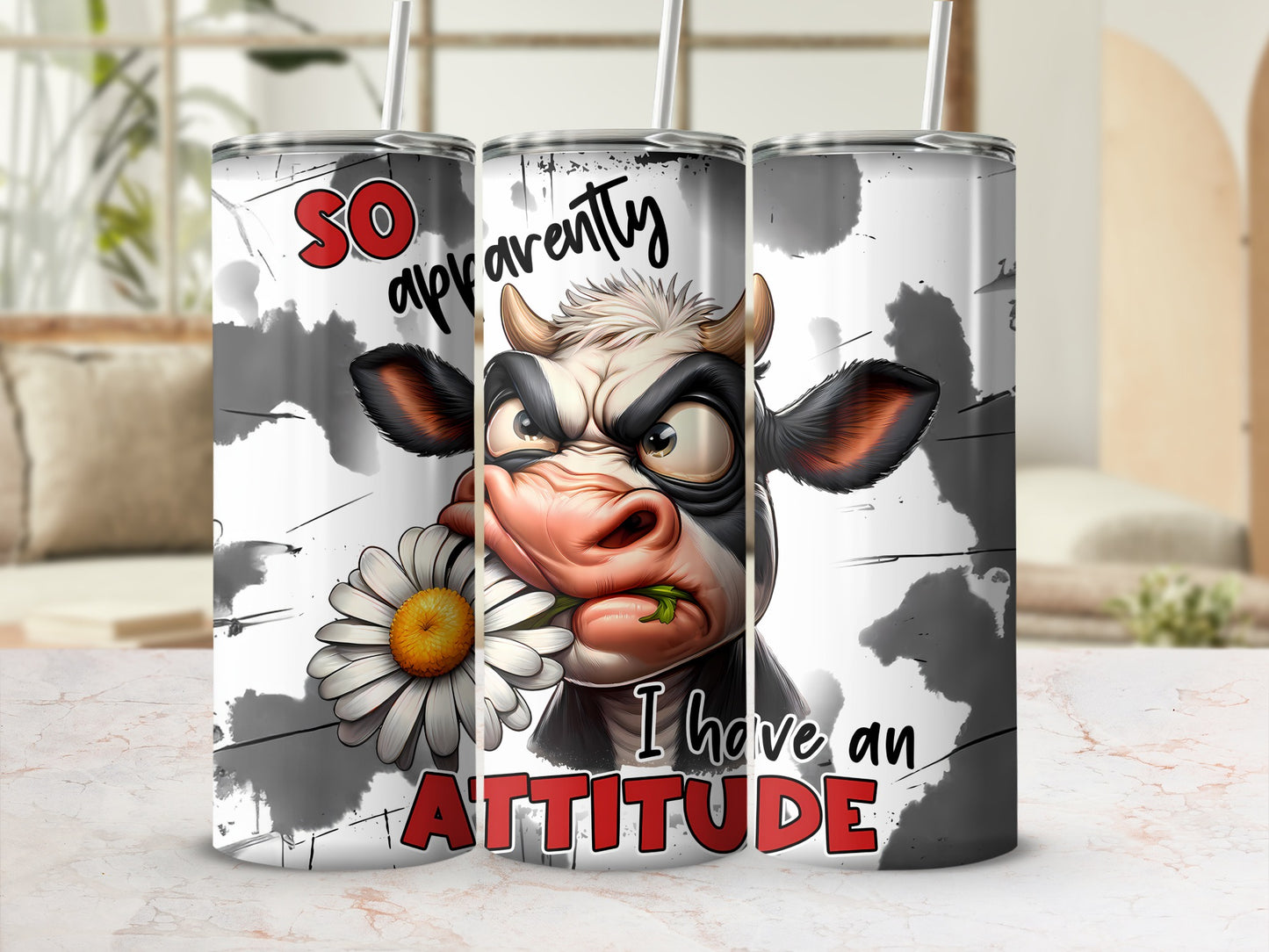 Cow with flower and text "So apparently I have an attitude."