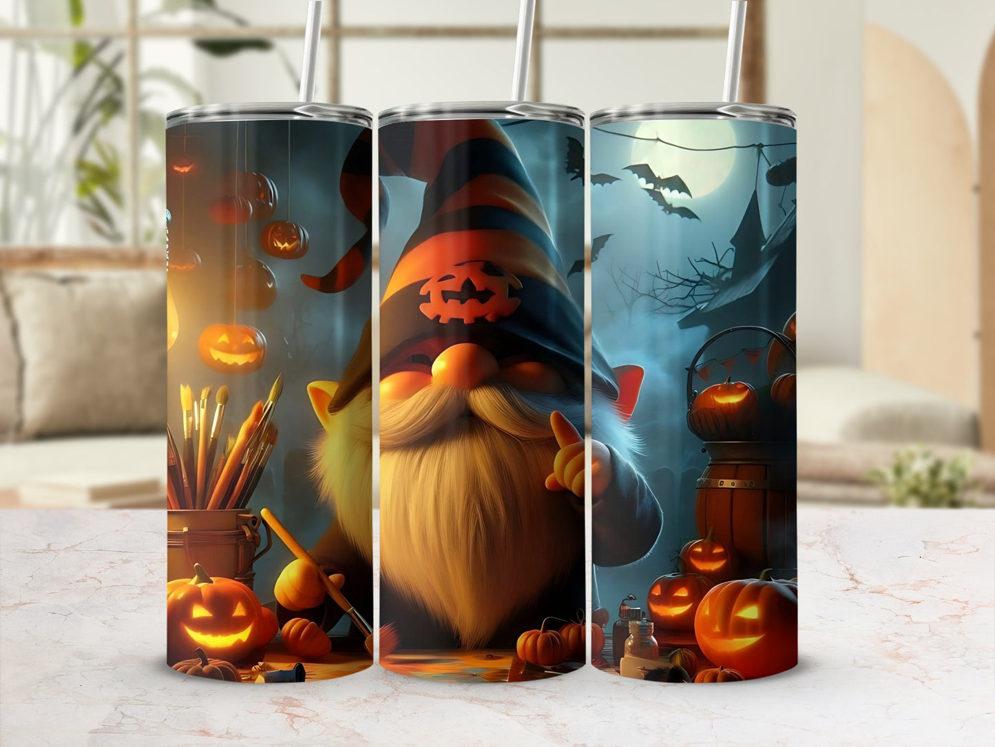 Halloween Gnome Theme Pumpkins and Bats Tumbler Set