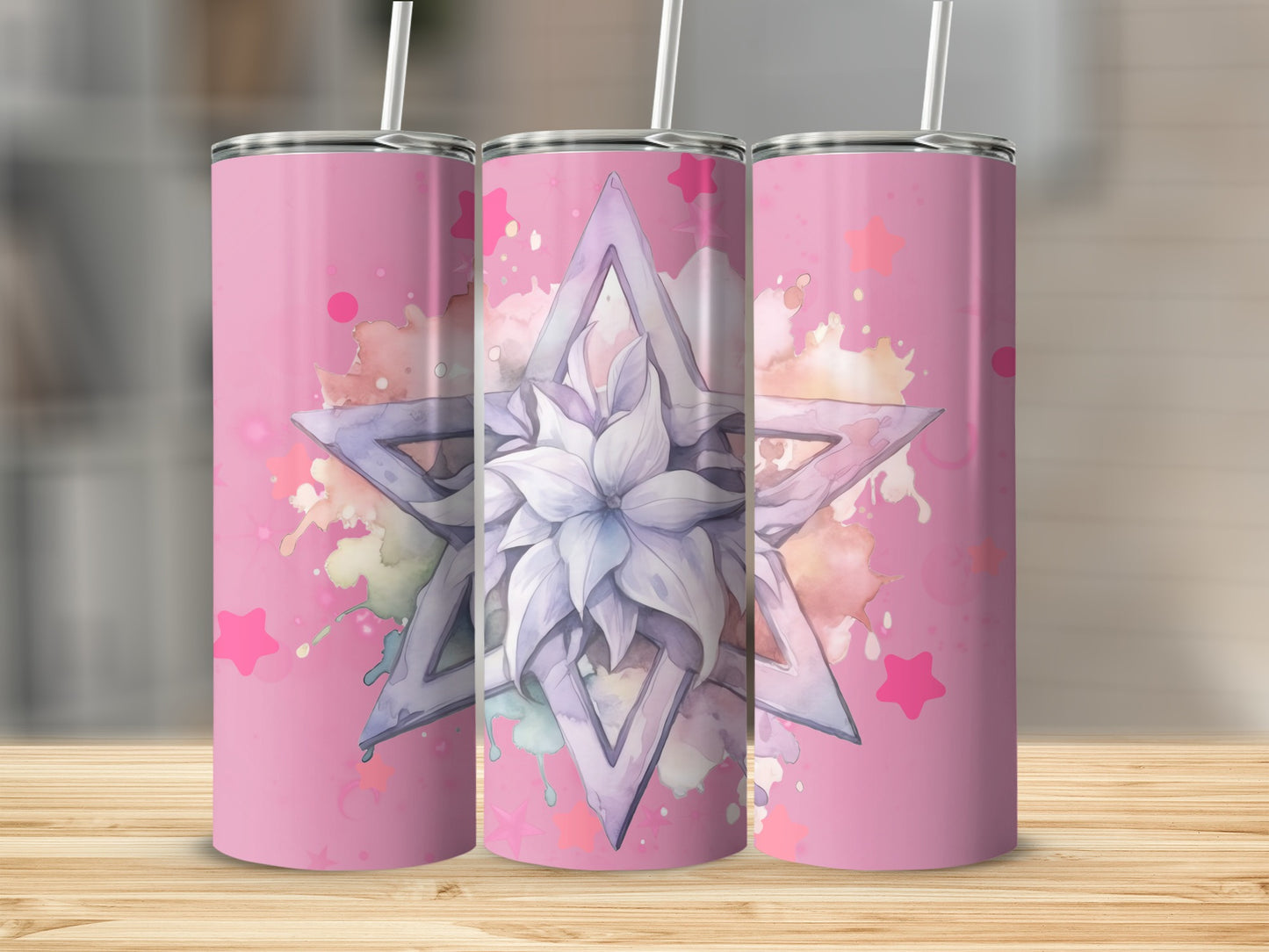 Pink Tumbler with Purple Star and Floral Design