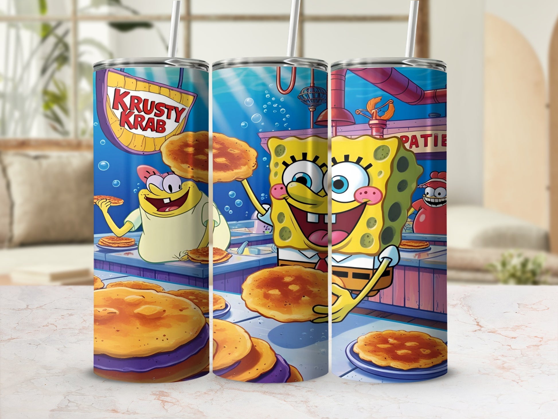 SpongeBob SquarePants and Krabby Patties at the Krusty Krab restaurant.