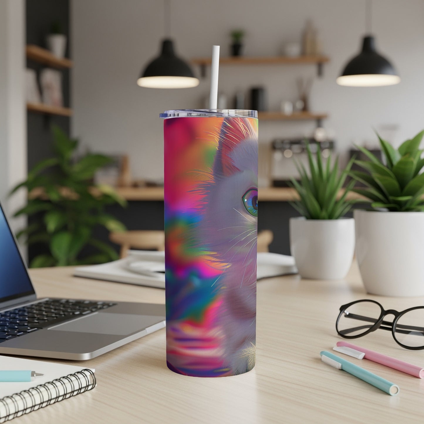 Cat face artwork on a colorful insulated tumbler with a straw.