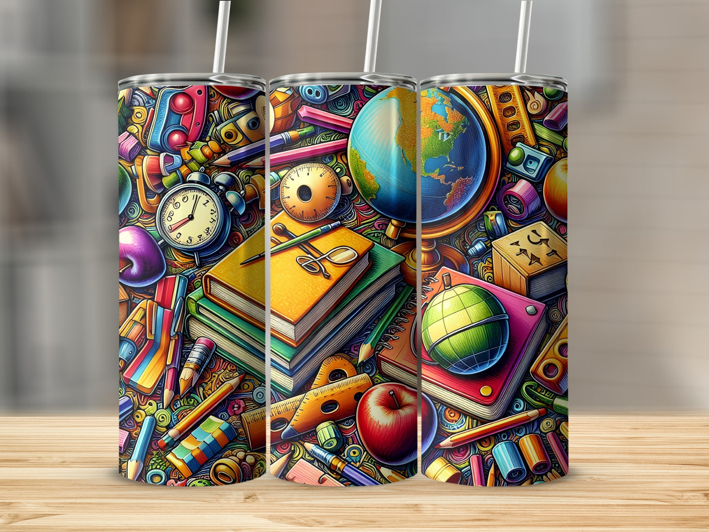 Three tumblers with colorful school supplies pattern, including globes, books, and pencils.