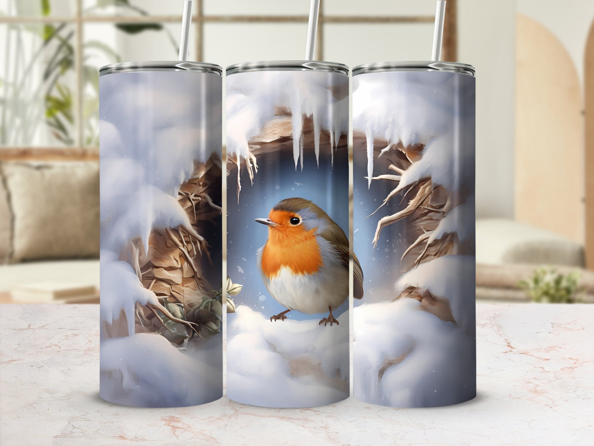 Robin perched on snowy branch in winter scene tumbler design.