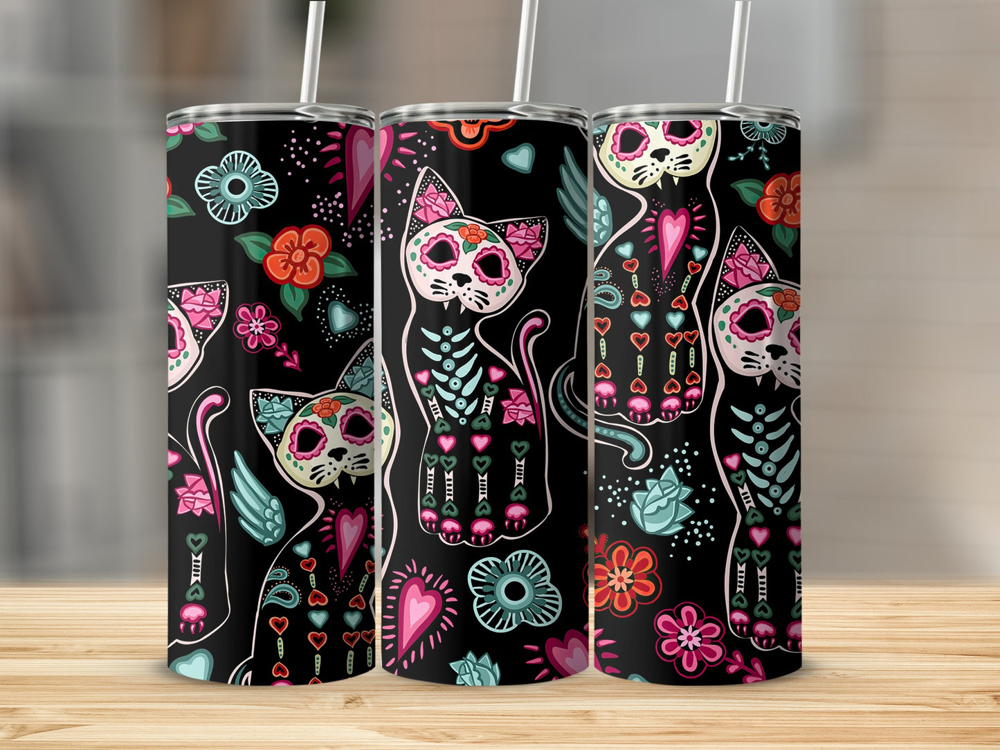 Day the Dead Sugar Cats Flowers Black Background Tumblers