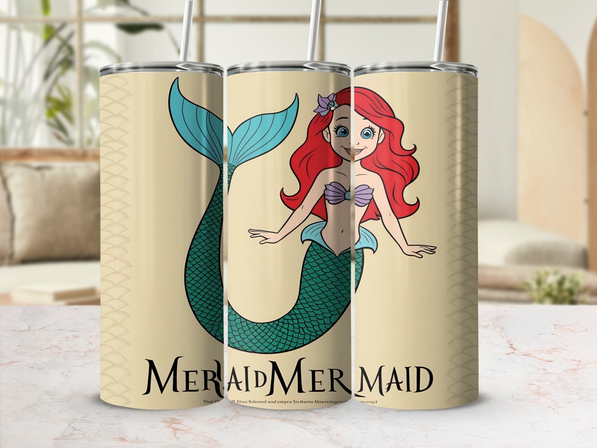 Mermaid with red hair and teal tail on a tumbler, "Mermaid Mermaid" text.