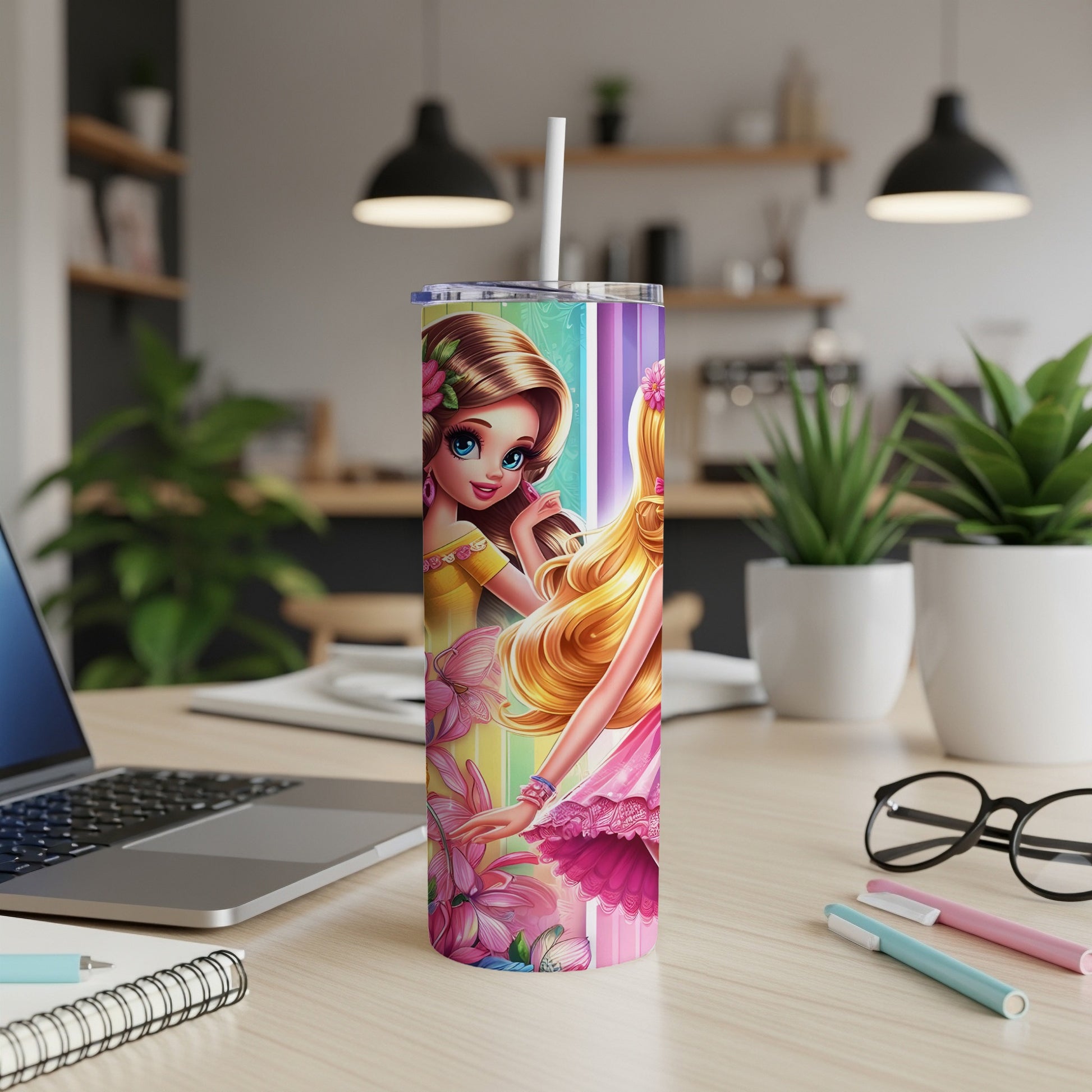 Tumbler with Barbie dolls and colorful floral accents.