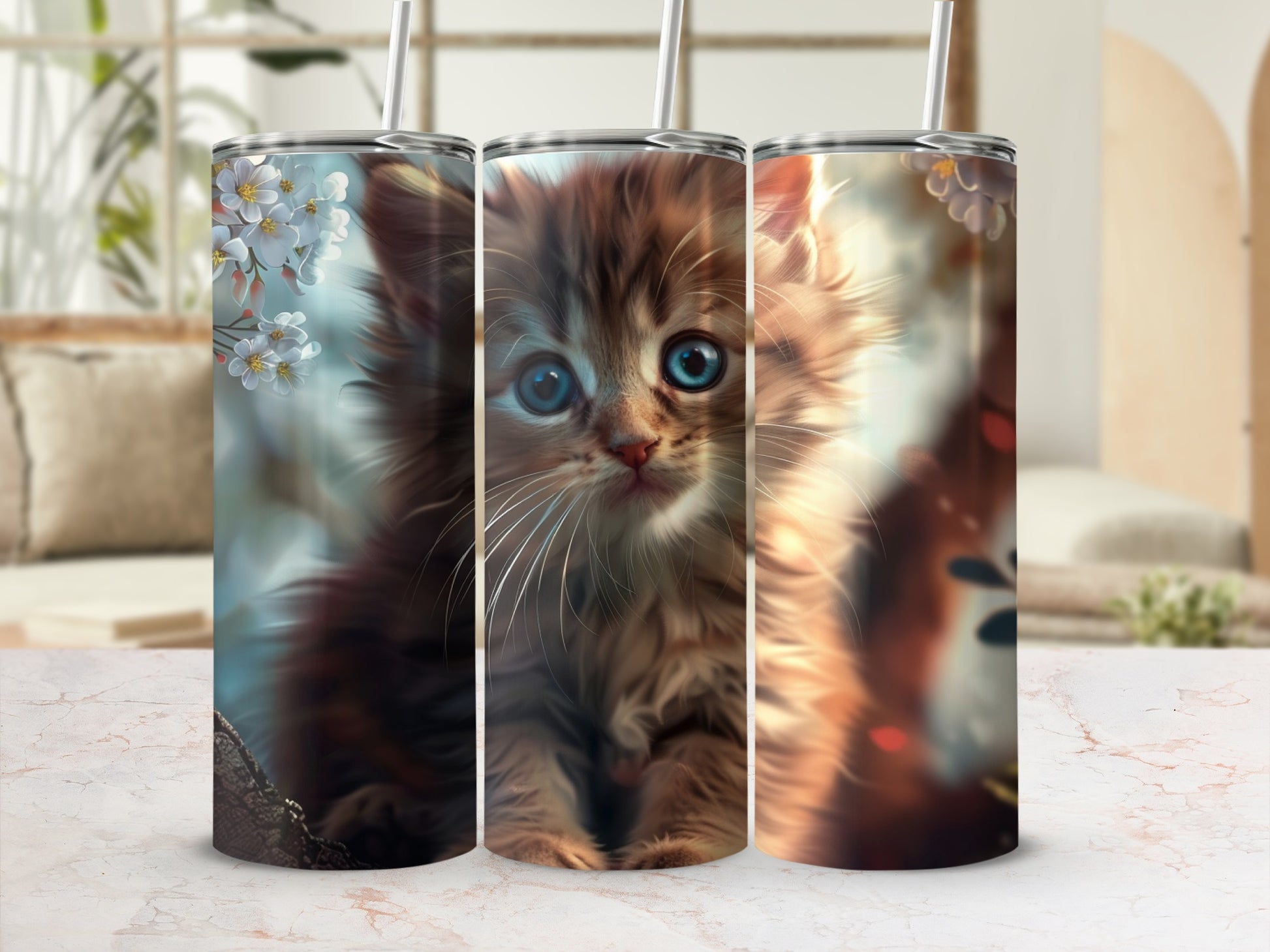 Three tall tumblers featuring a close-up of a fluffy kitten with blue eyes.