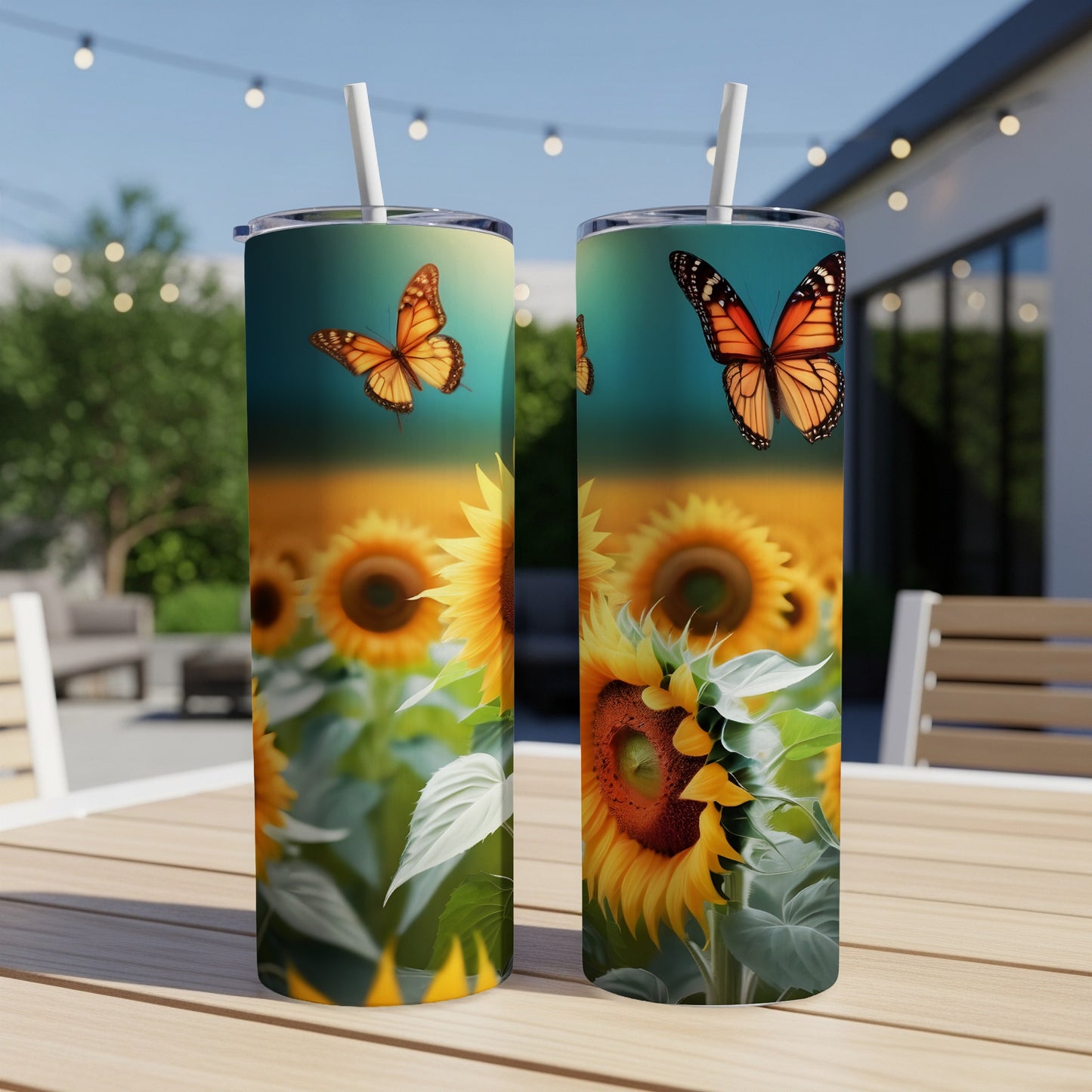 Two tumblers with sunflowers and butterflies against a blurry outdoor background.