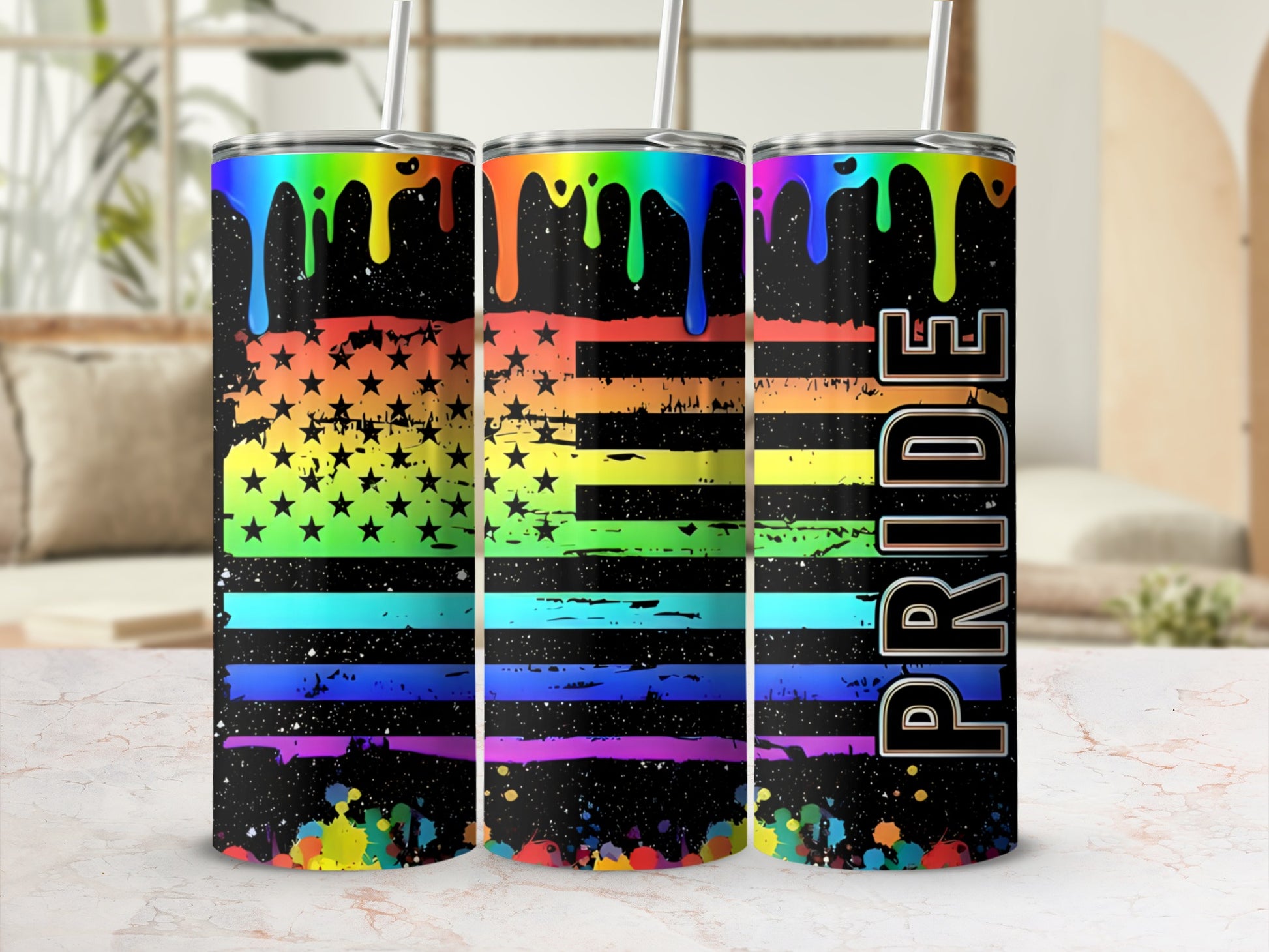 Pride flag tumbler with rainbow drips and colorful paint splatters.