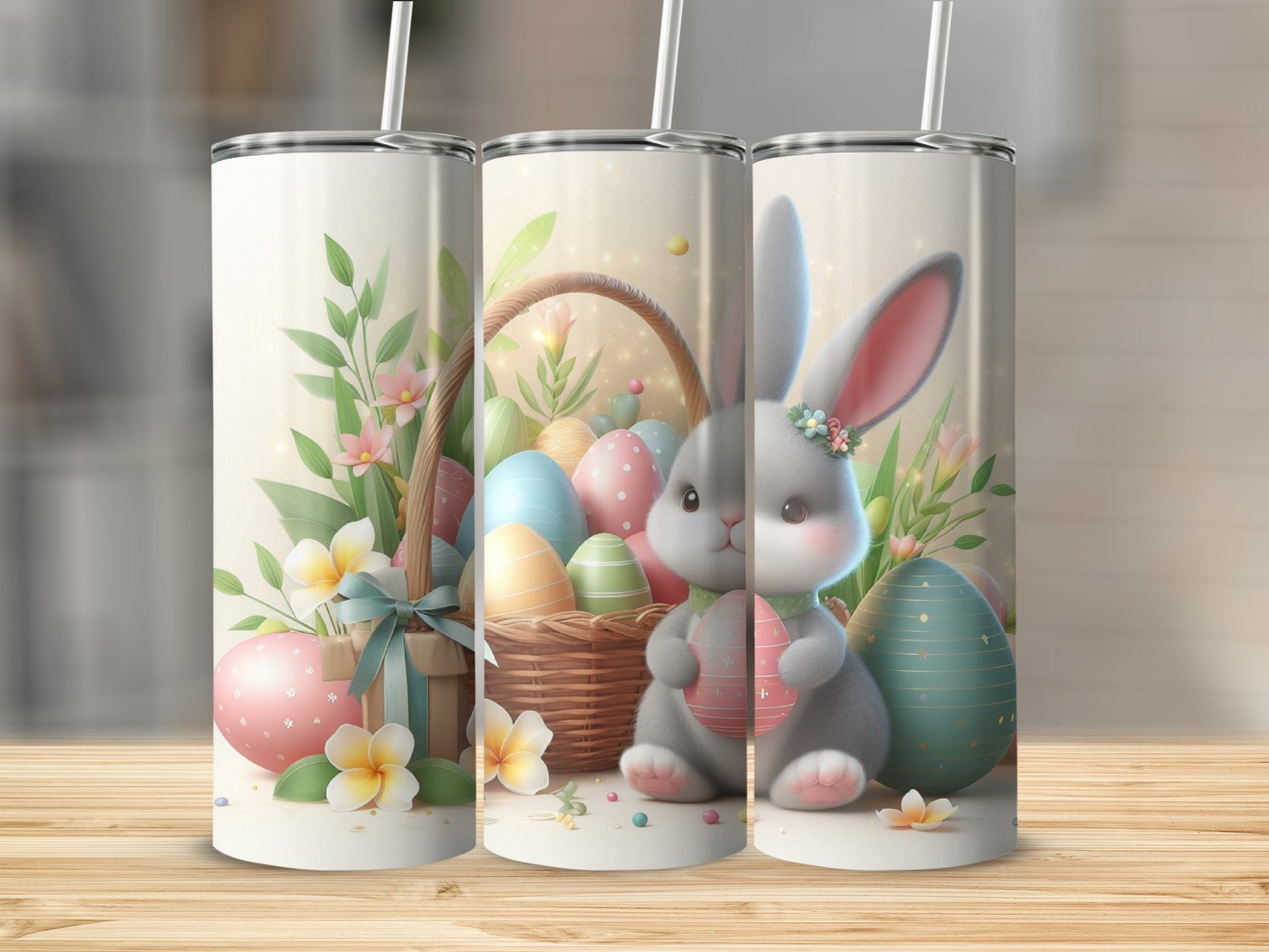 Easter bunny with basket of painted eggs and flowers.