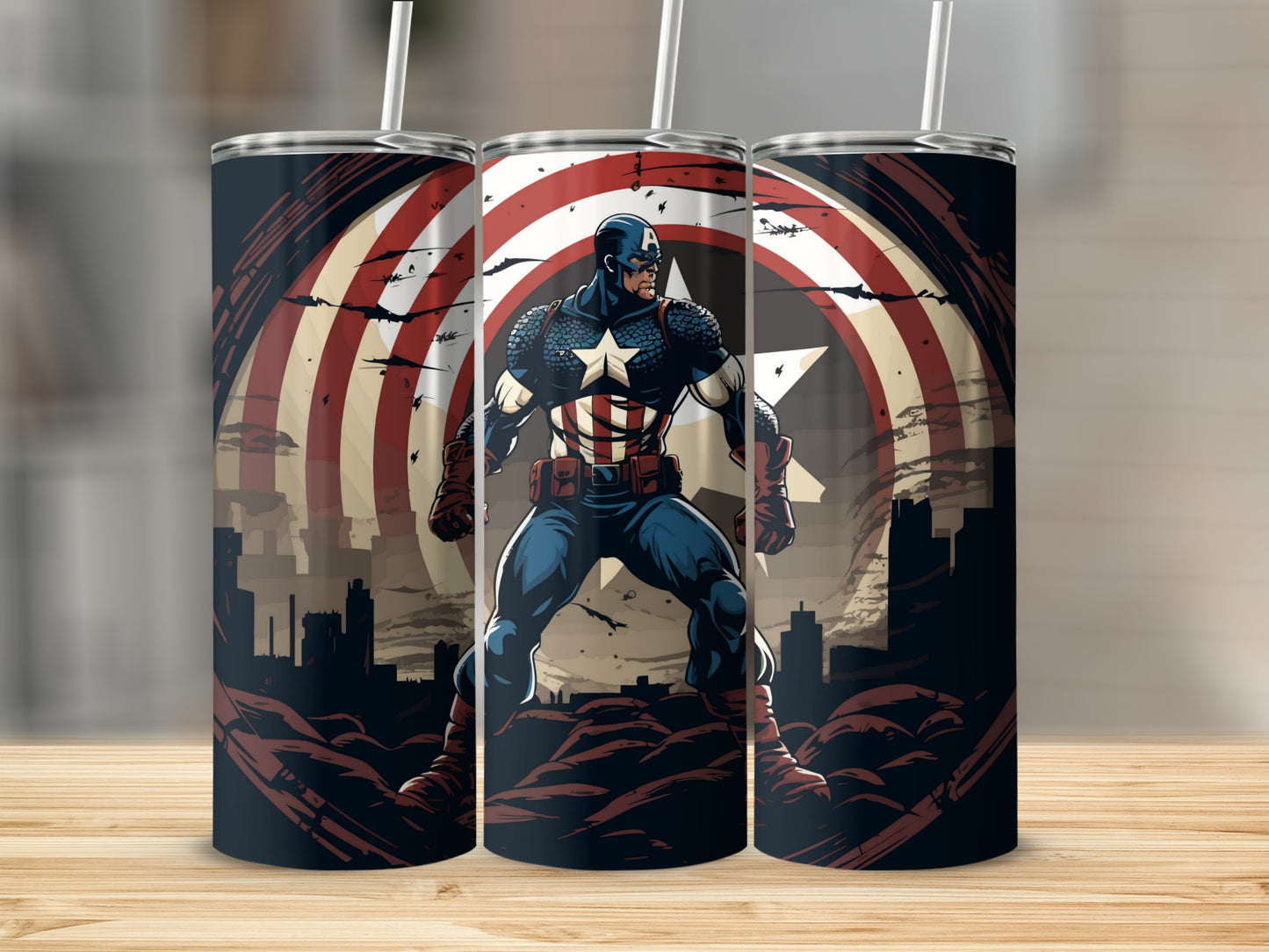 Superhero Shield and Cityscape Design Tumbler Product