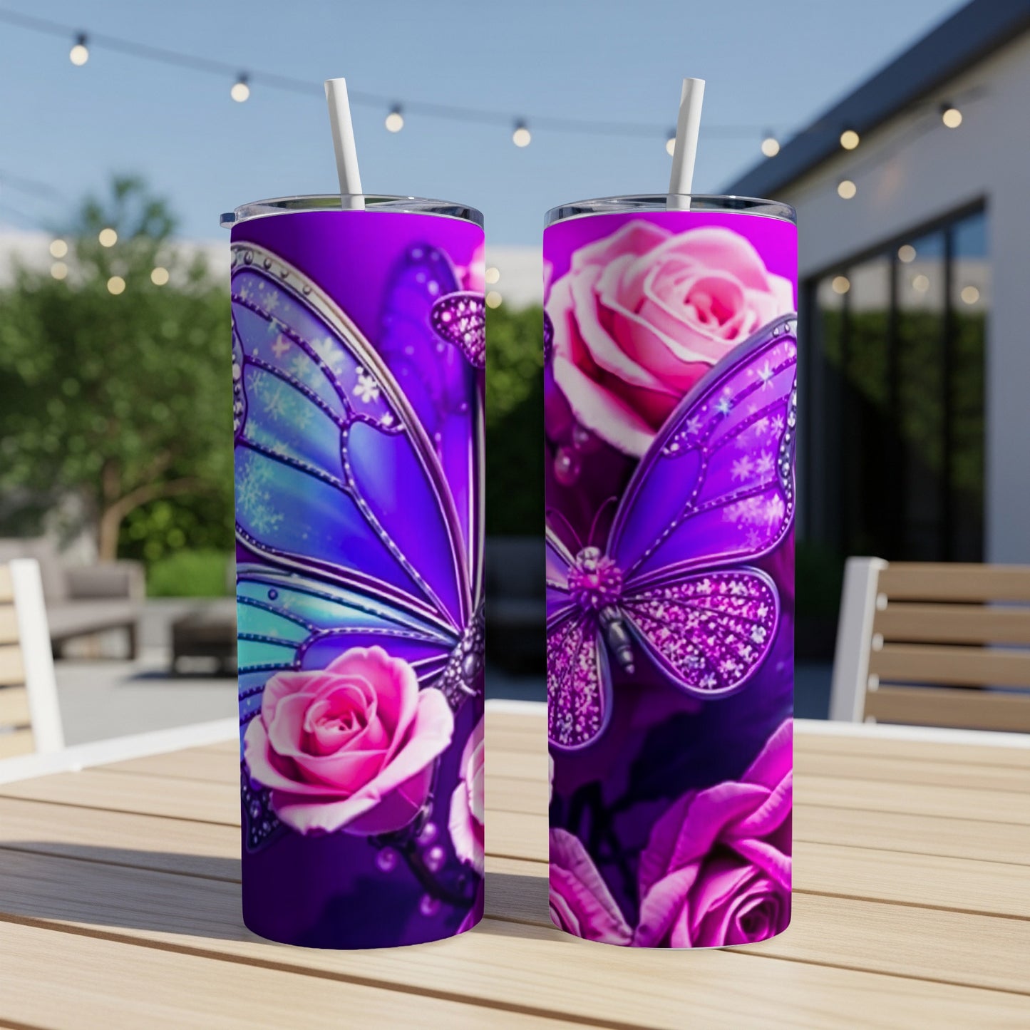 Two tumblers with purple butterfly and pink rose designs.