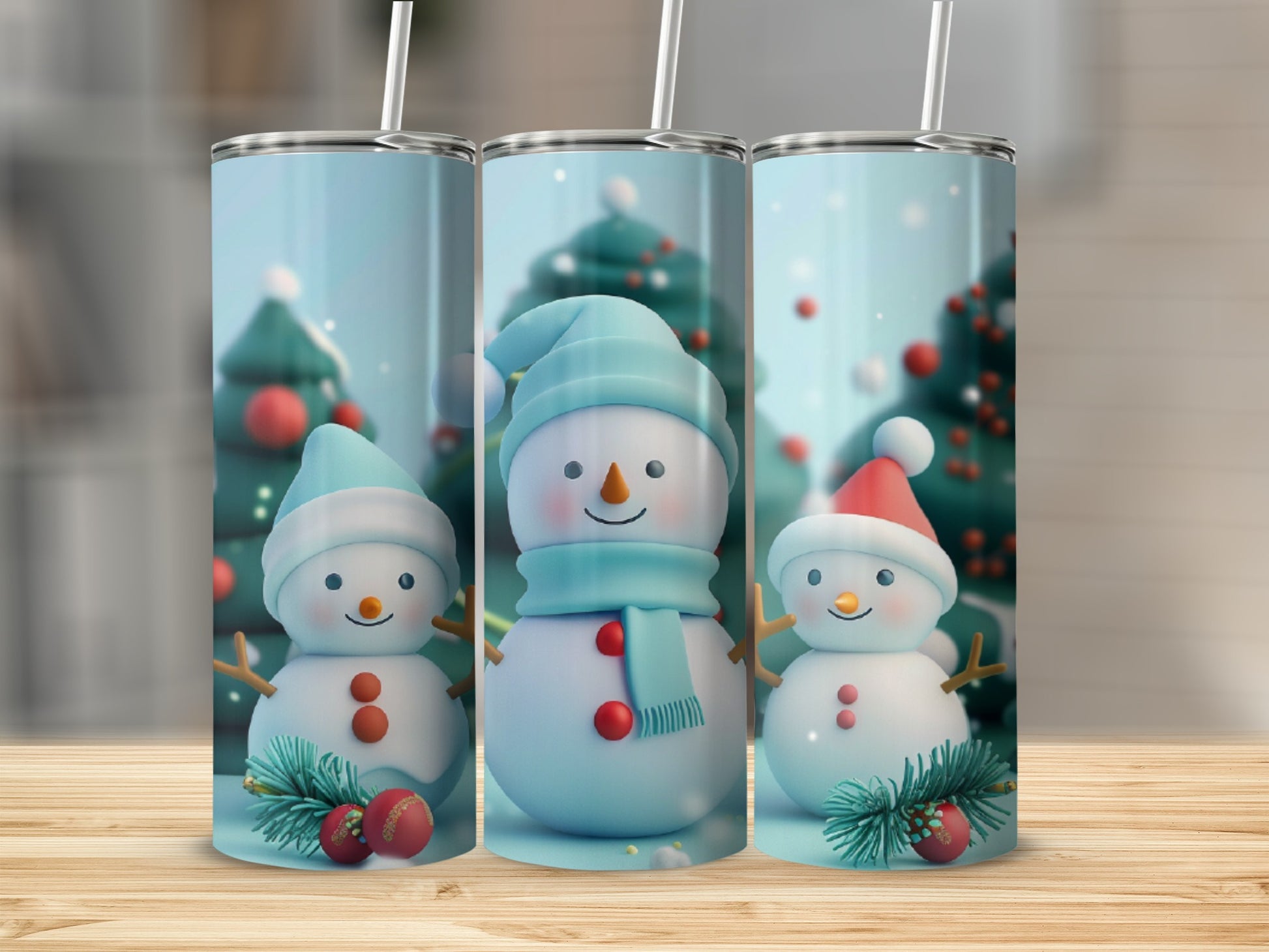 Three snowmen in festive hats and scarves on a blurred snowy background.