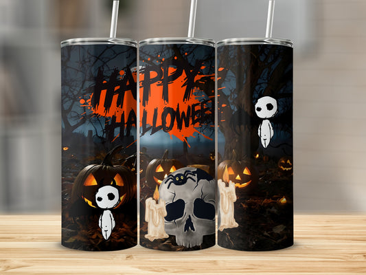 Three tumblers with Halloween theme: "Happy Halloween" text, pumpkins, skull, spider, and ghosts.