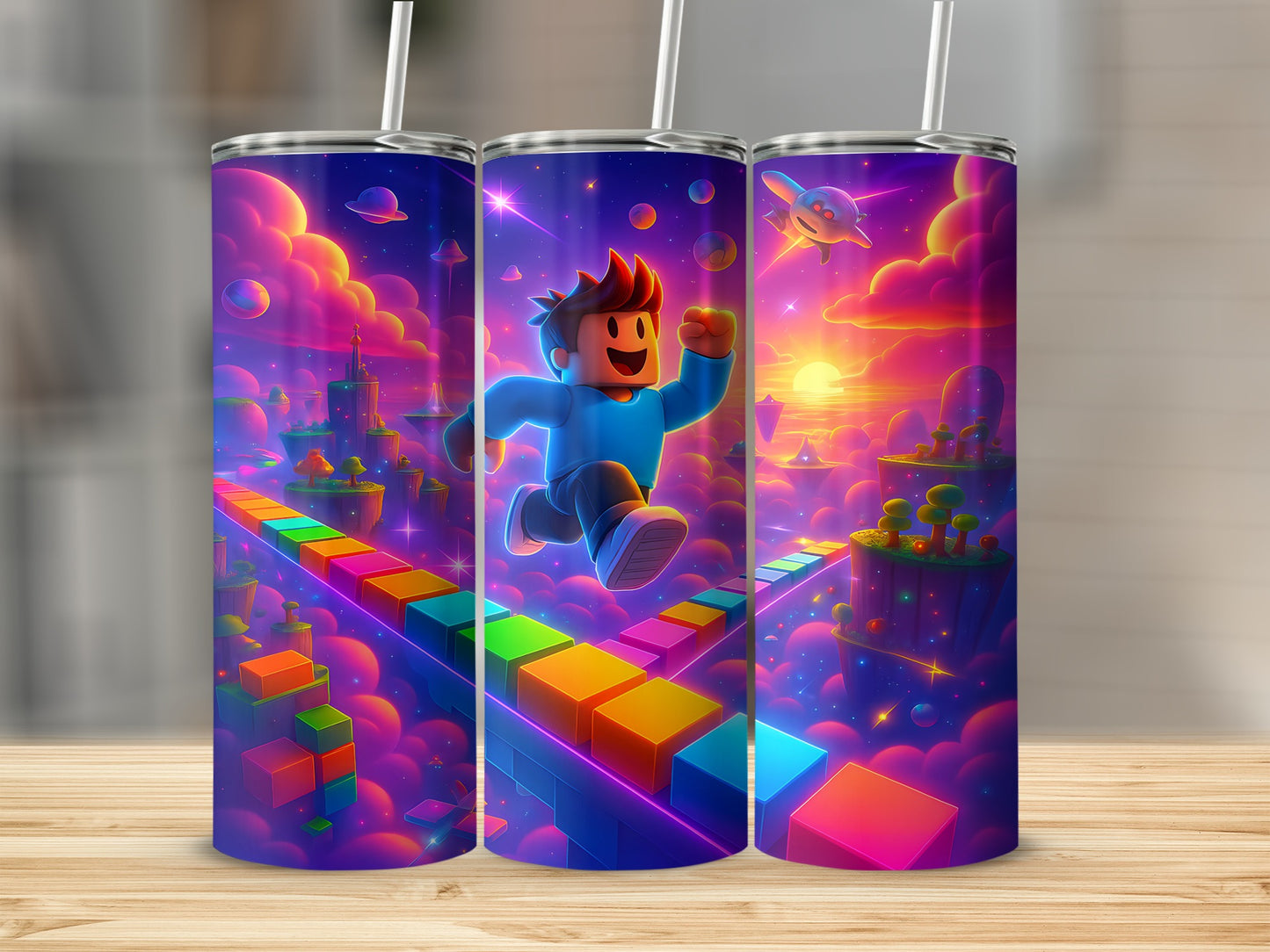 Vibrant Gaming Character and Rainbow Path Tumbler