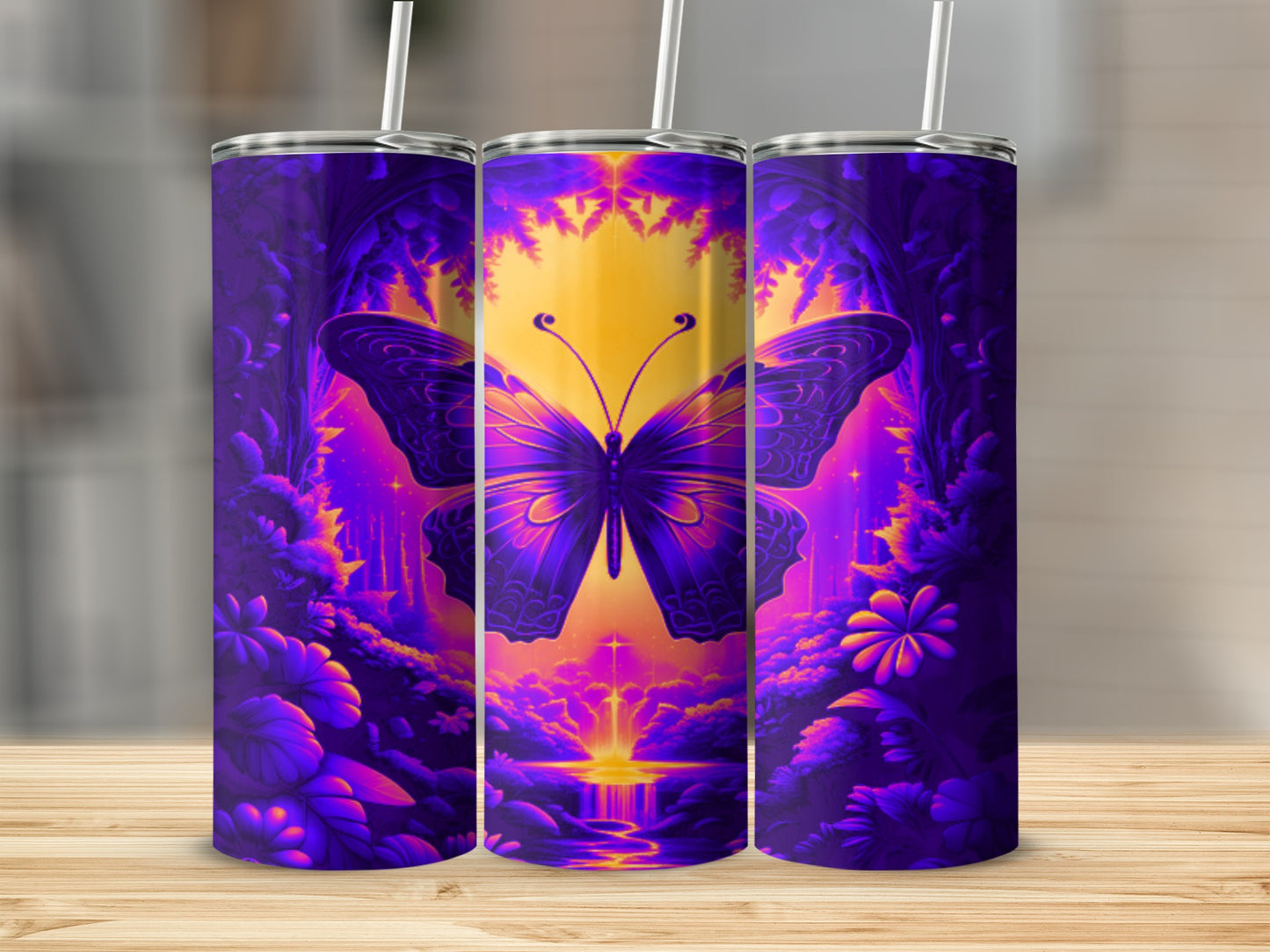 Purple butterfly with glowing orange and yellow background on a tumbler.
