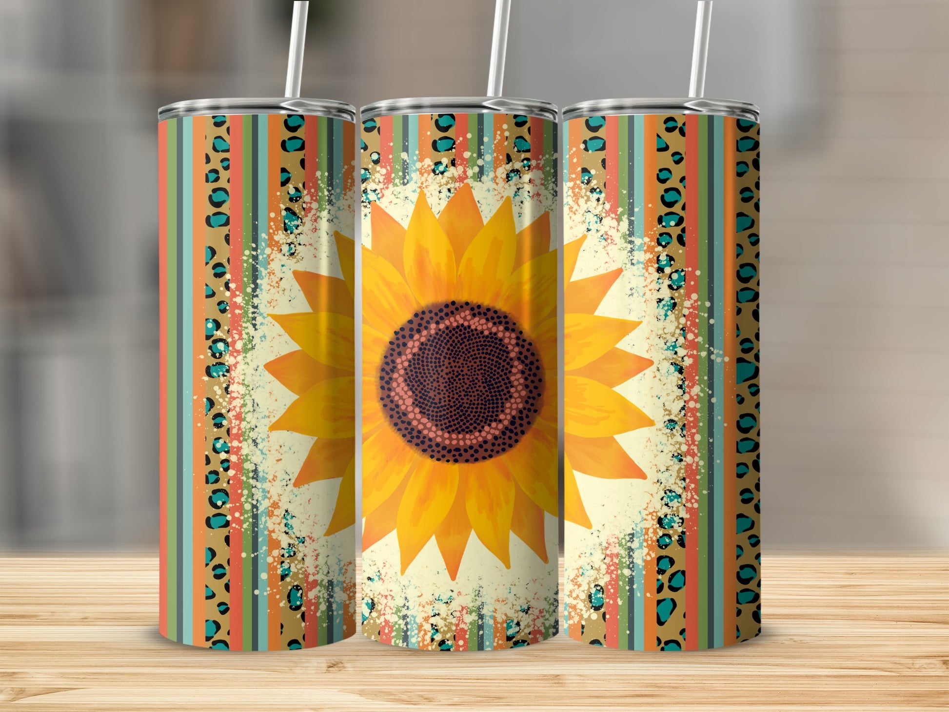 Sunflower tumbler with colorful stripes and leopard print border.