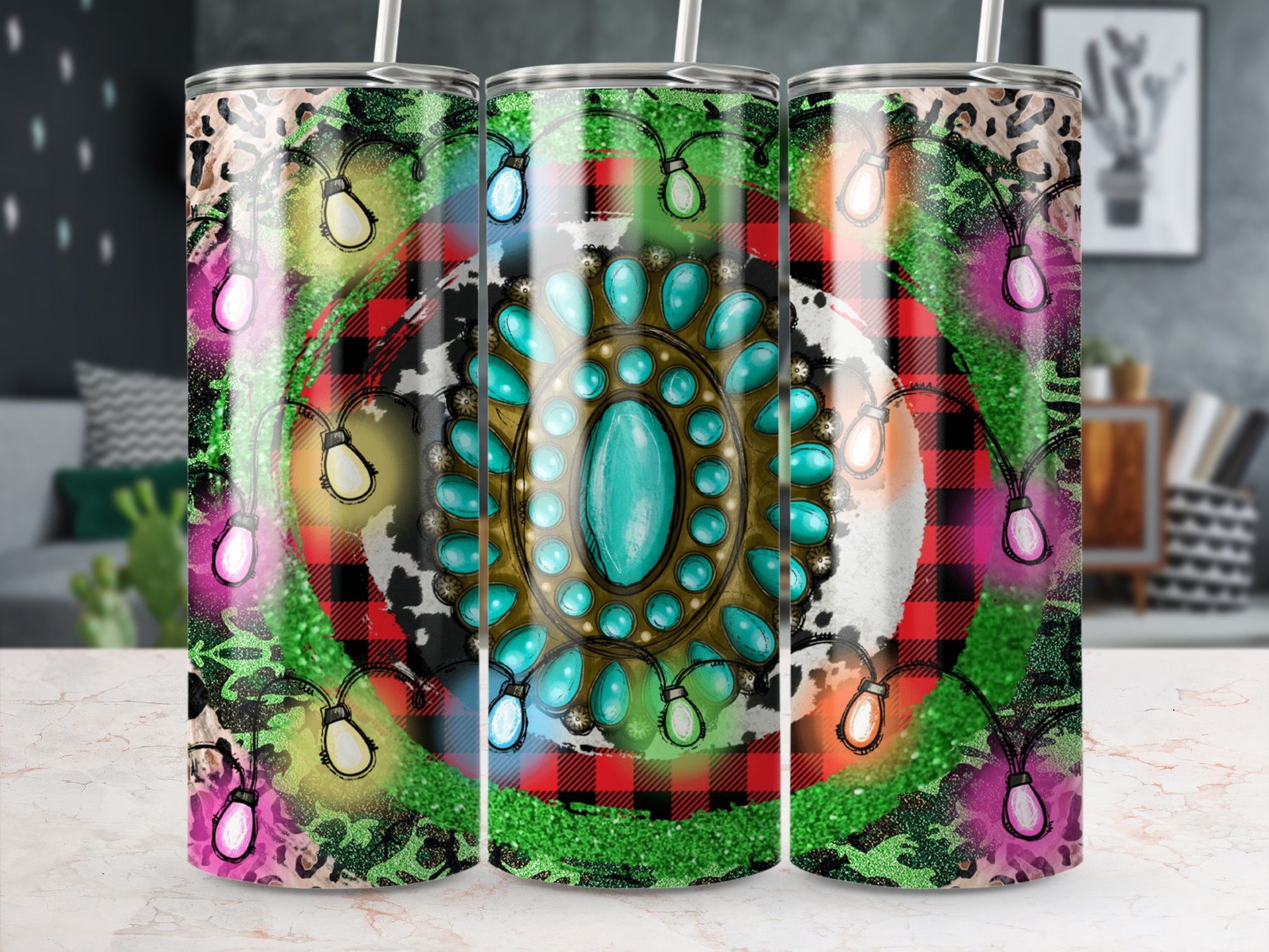 Turquoise, buffalo plaid, and leopard print tumbler with fairy lights.
