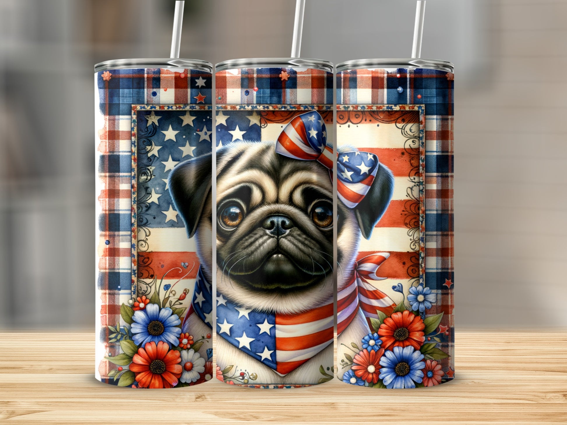 Patriotic pug wearing a bandana and bow, surrounded by flowers.