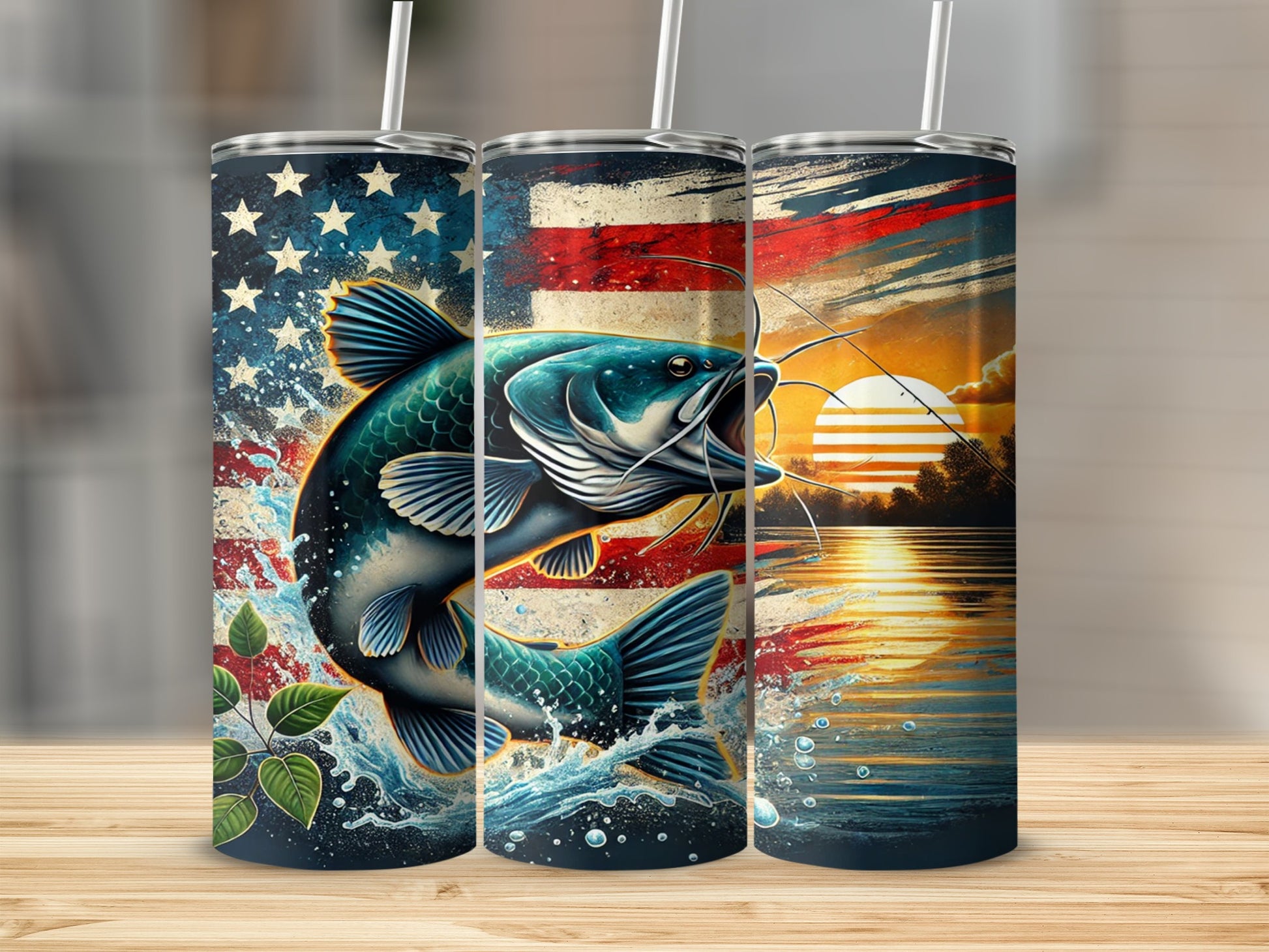 Patriotic Catfish Art on Tumbler Sunset Scenic Design
