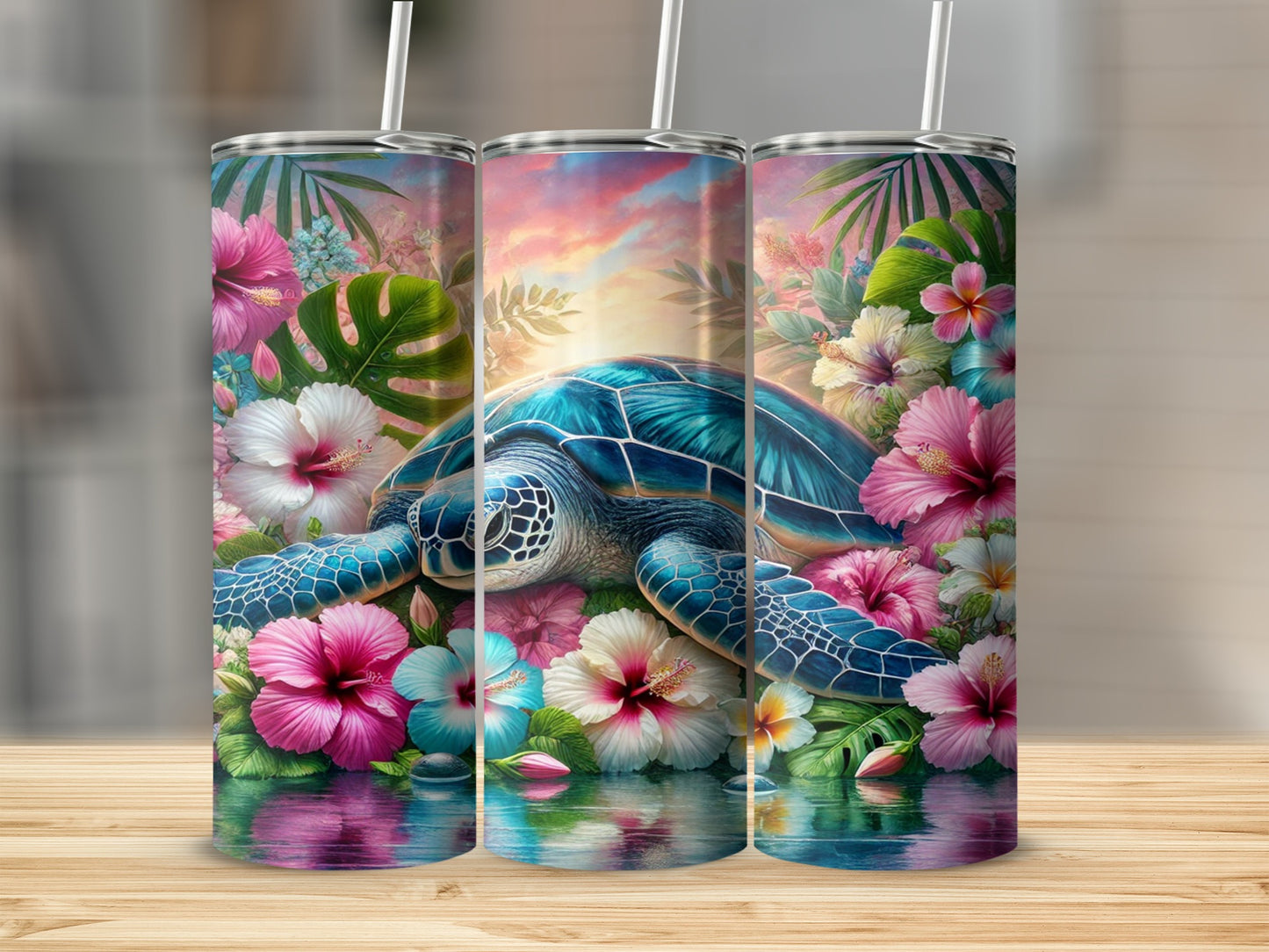 Tropical Sea Turtle with Exotic Flowers Tumbler Product