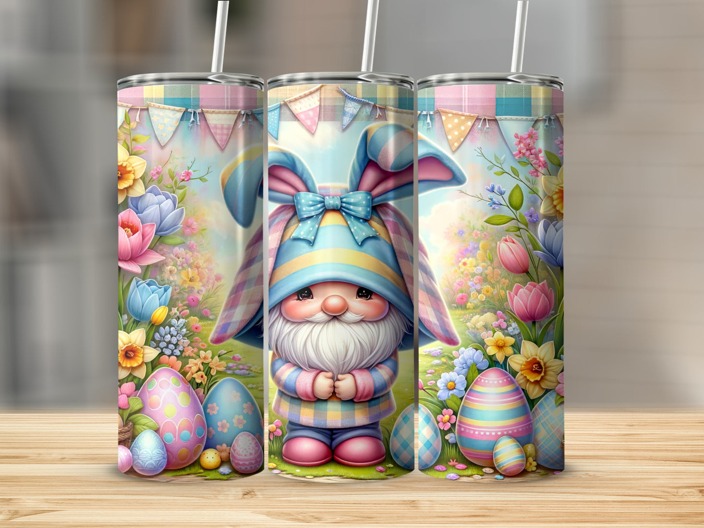 Easter gnome in checkered outfit with bunny ears, surrounded by decorated eggs and flowers.