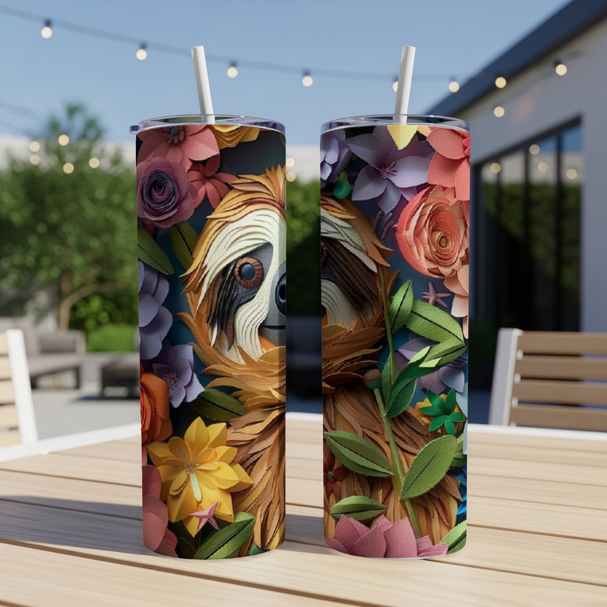 Two tumblers featuring a sloth surrounded by colorful paper flowers on a table.