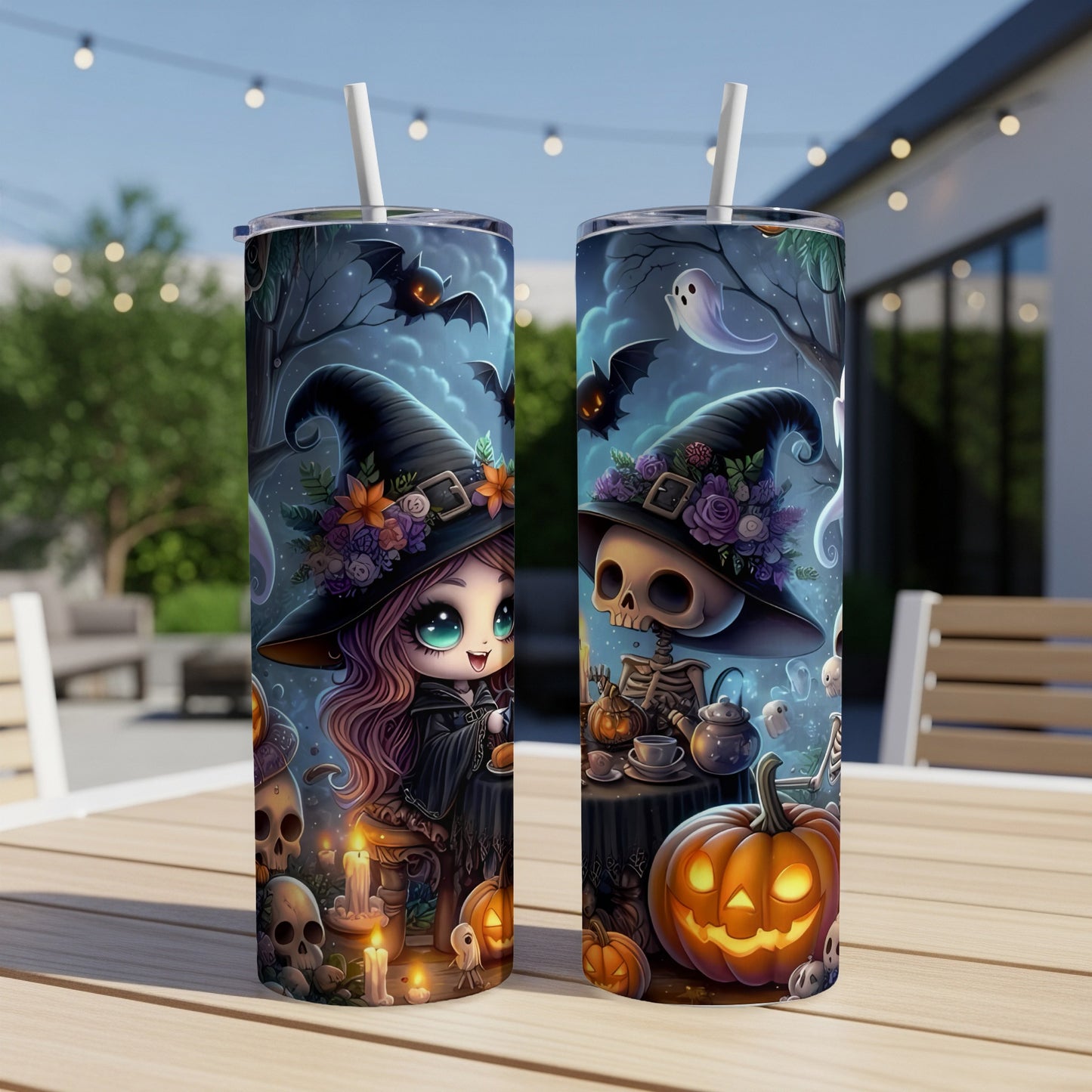 Two tumblers featuring cute Halloween witches, skeletons, bats, ghosts, and pumpkins.