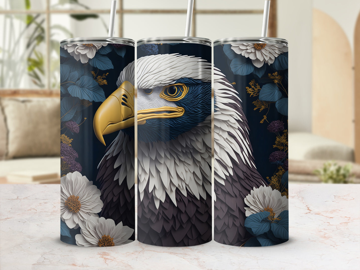Triptych of tumblers featuring a detailed eagle portrait with floral accents.