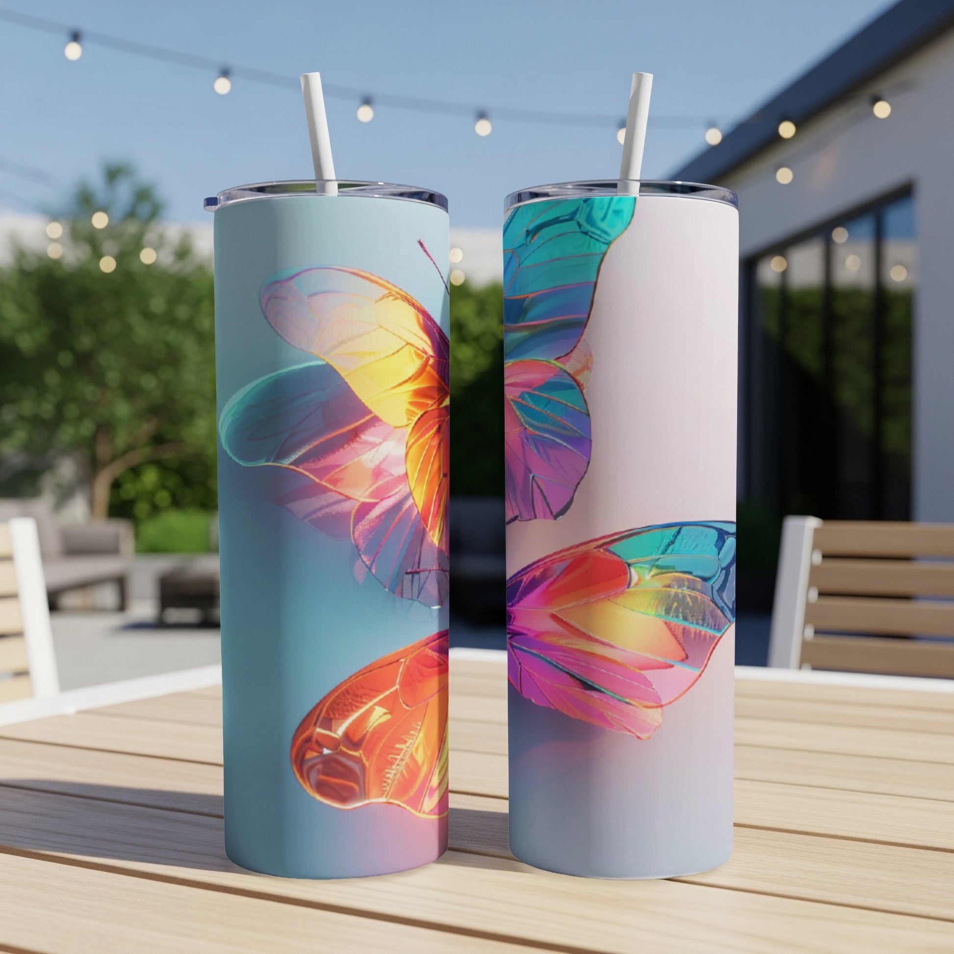 Two tumblers with iridescent butterfly designs on an outdoor table.