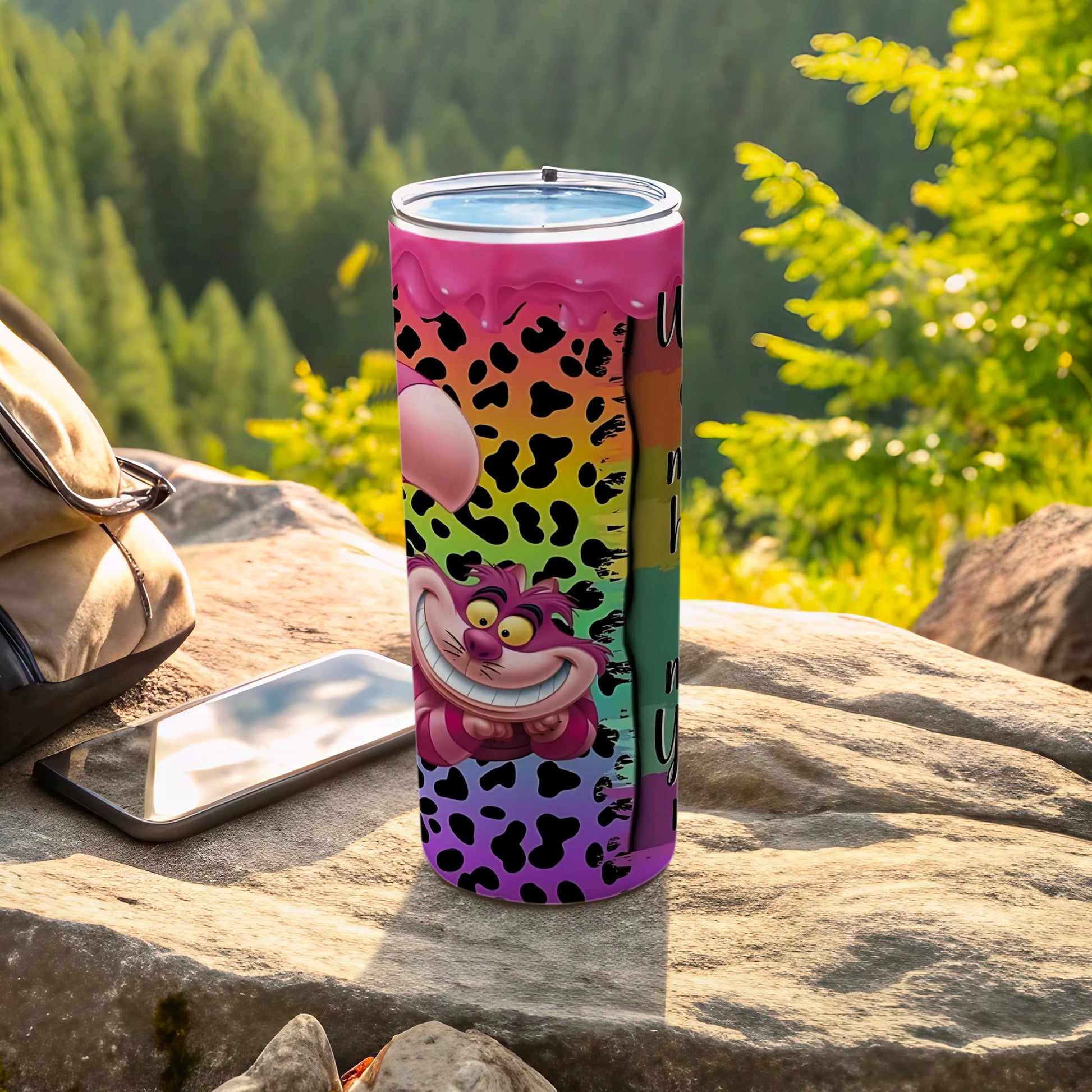 Rainbow Leopard Print Tumbler with Cheshire Cat Design