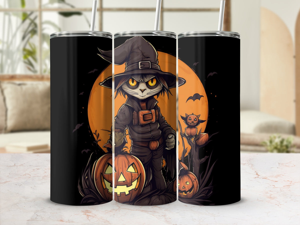 Halloween tumbler with a witch cat and pumpkins against an orange moon.