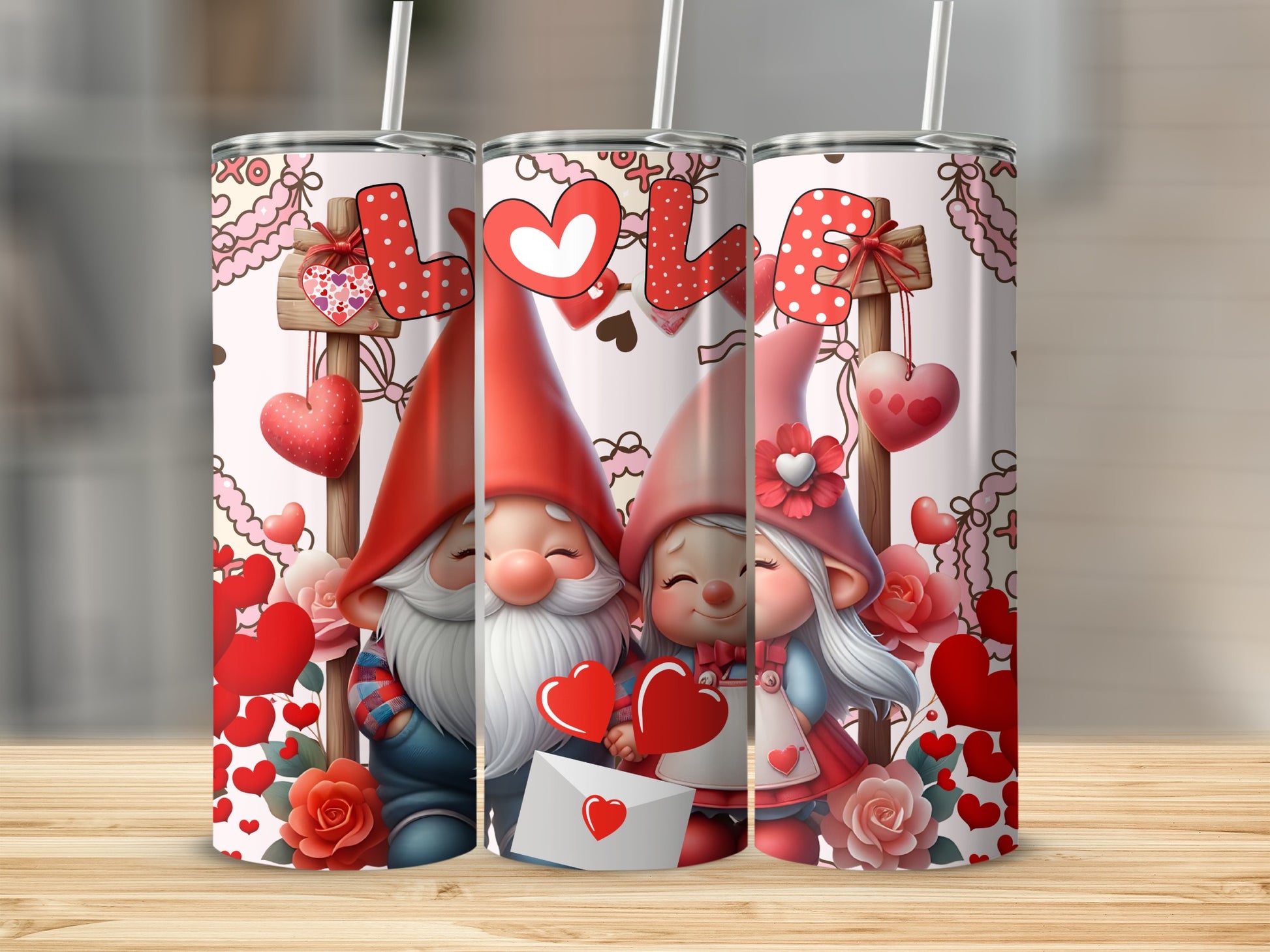 Love Gnomes With Hearts and Roses Tumbler Design