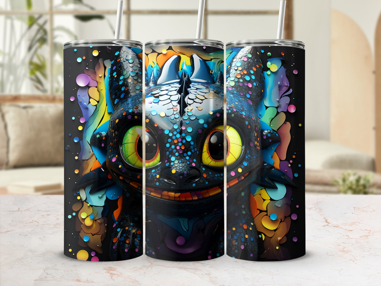 Colorful Splash Art Dragon Insulated Tumbler with Straw