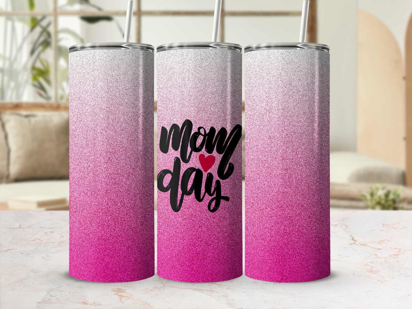 Pink ombre glitter tumbler with "Mom day" text and heart.