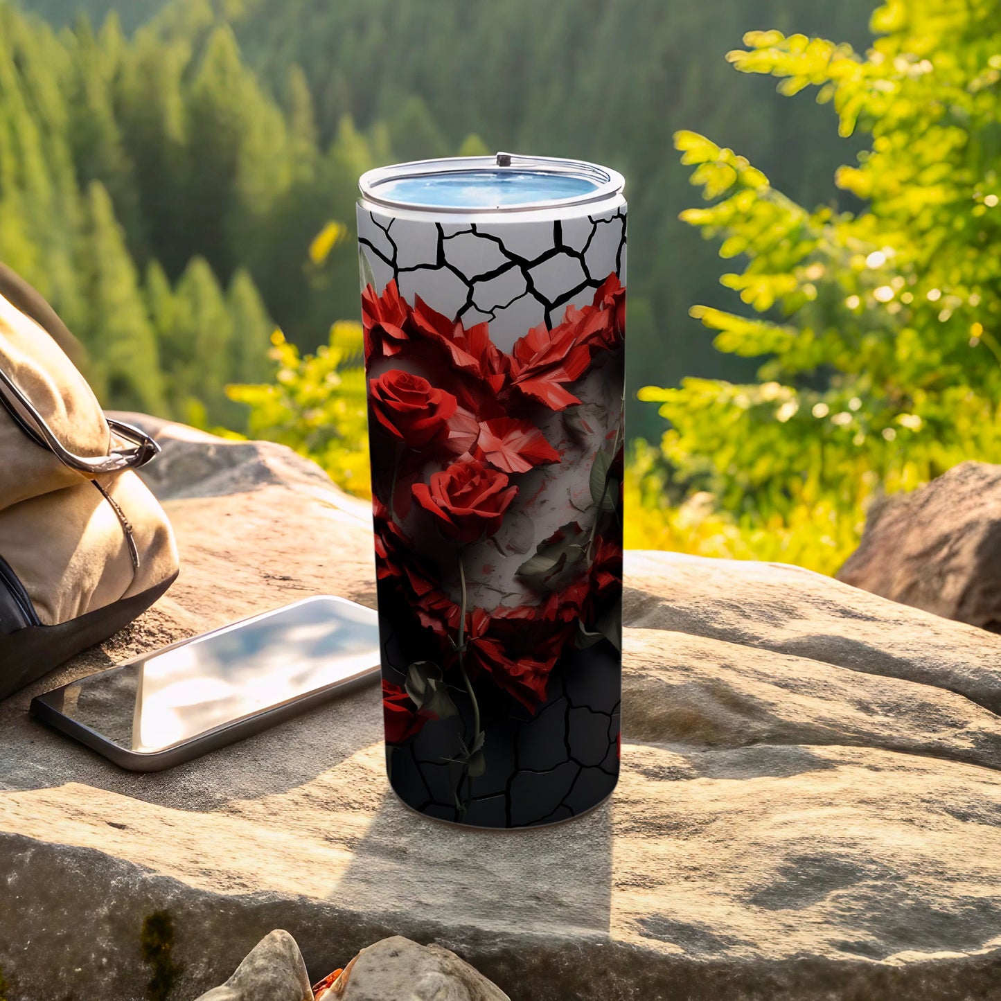 Cracked Pattern with Red Roses Tall Tumbler Cup