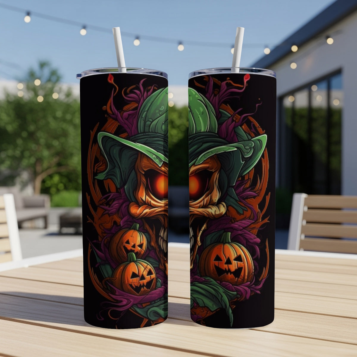 Two tumblers featuring a Halloween skull with pumpkins and glowing eyes.