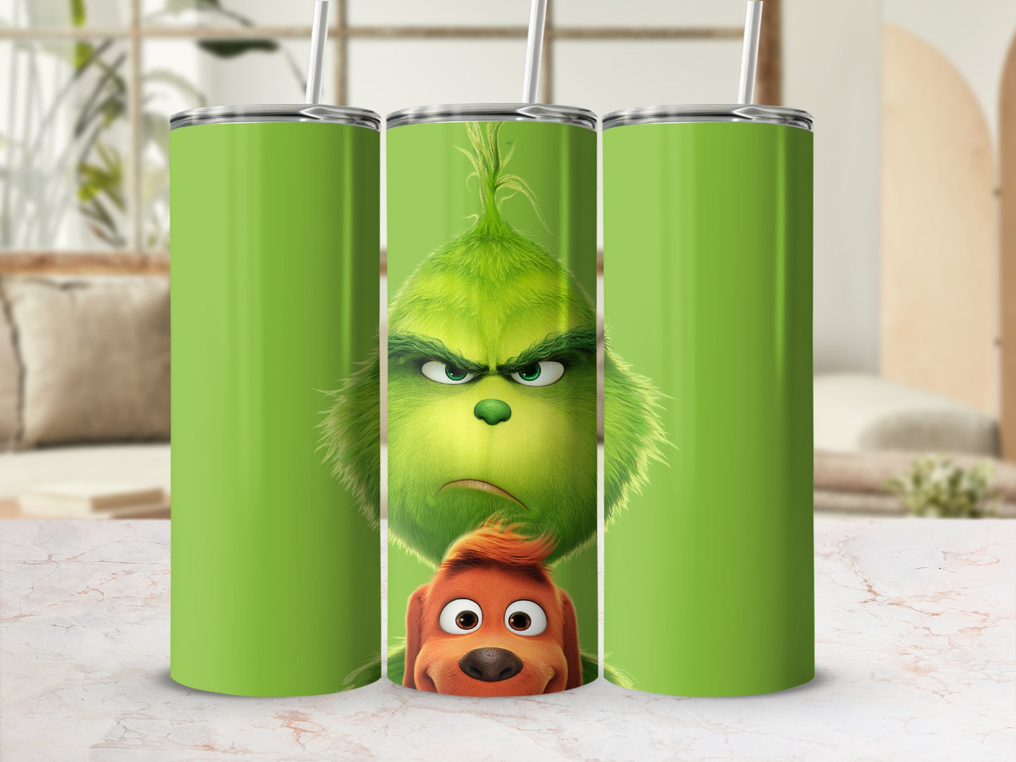 Grinch and Max characters on a green tumbler with straw.