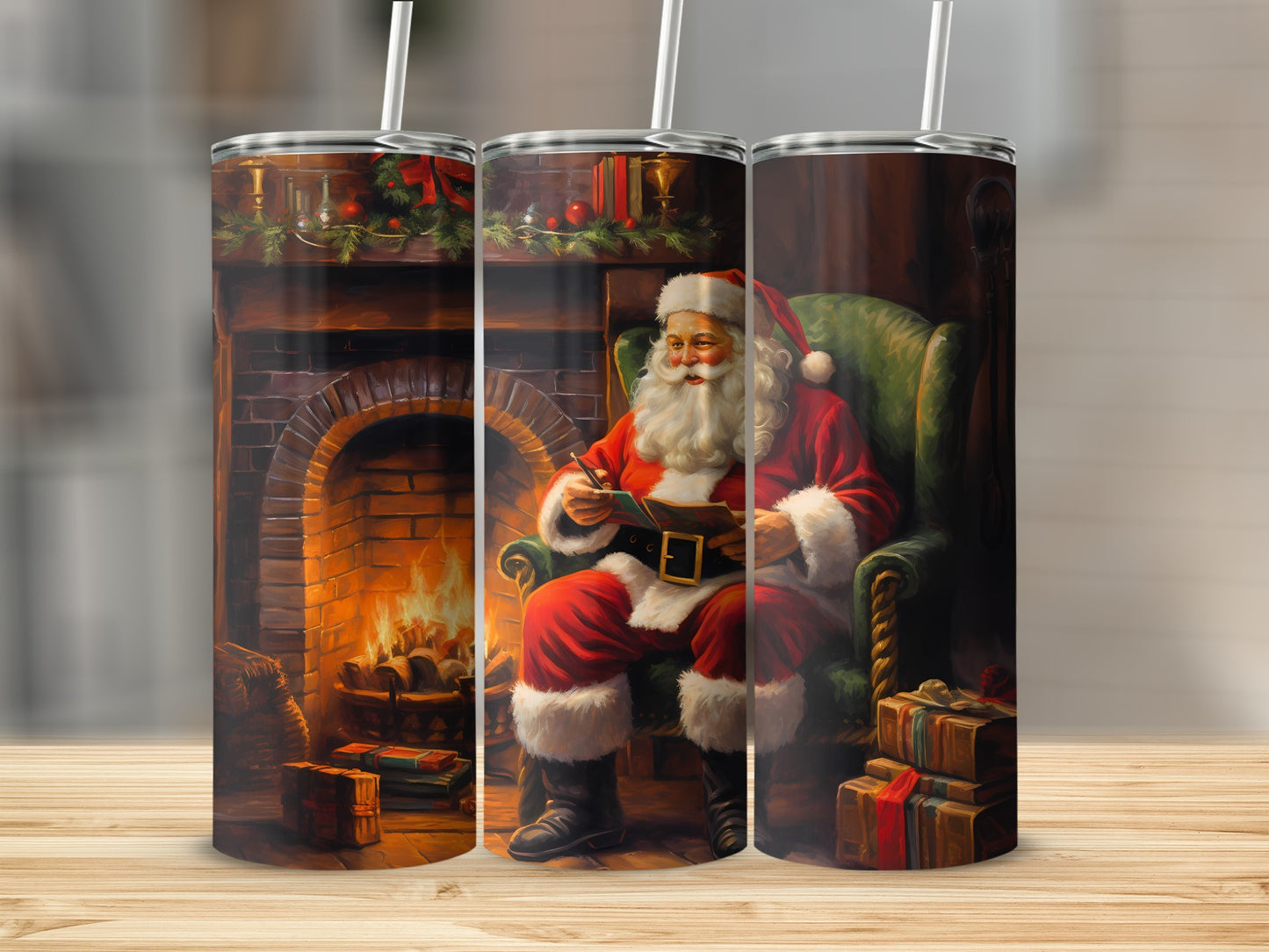 Santa by Cozy Fireplace with Christmas Gifts tumbler