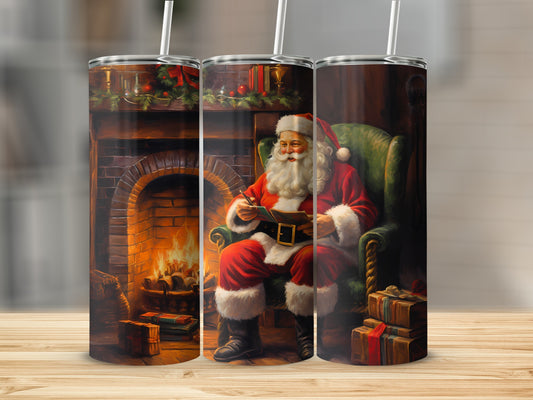 Santa by Cozy Fireplace with Christmas Gifts tumbler